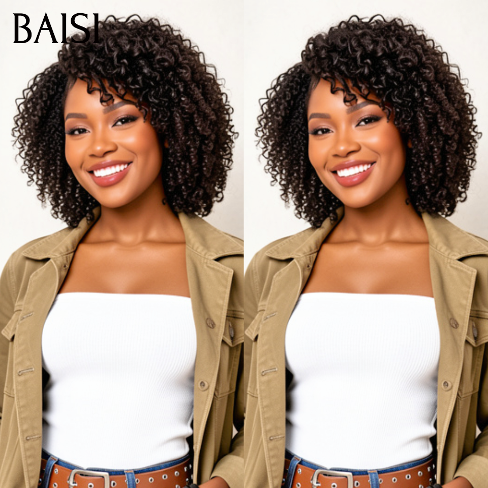 BAISI 13x4 Curly Bob Wig in Black Glueless Lace Front Cut Easy to Wear 100% Human Hair