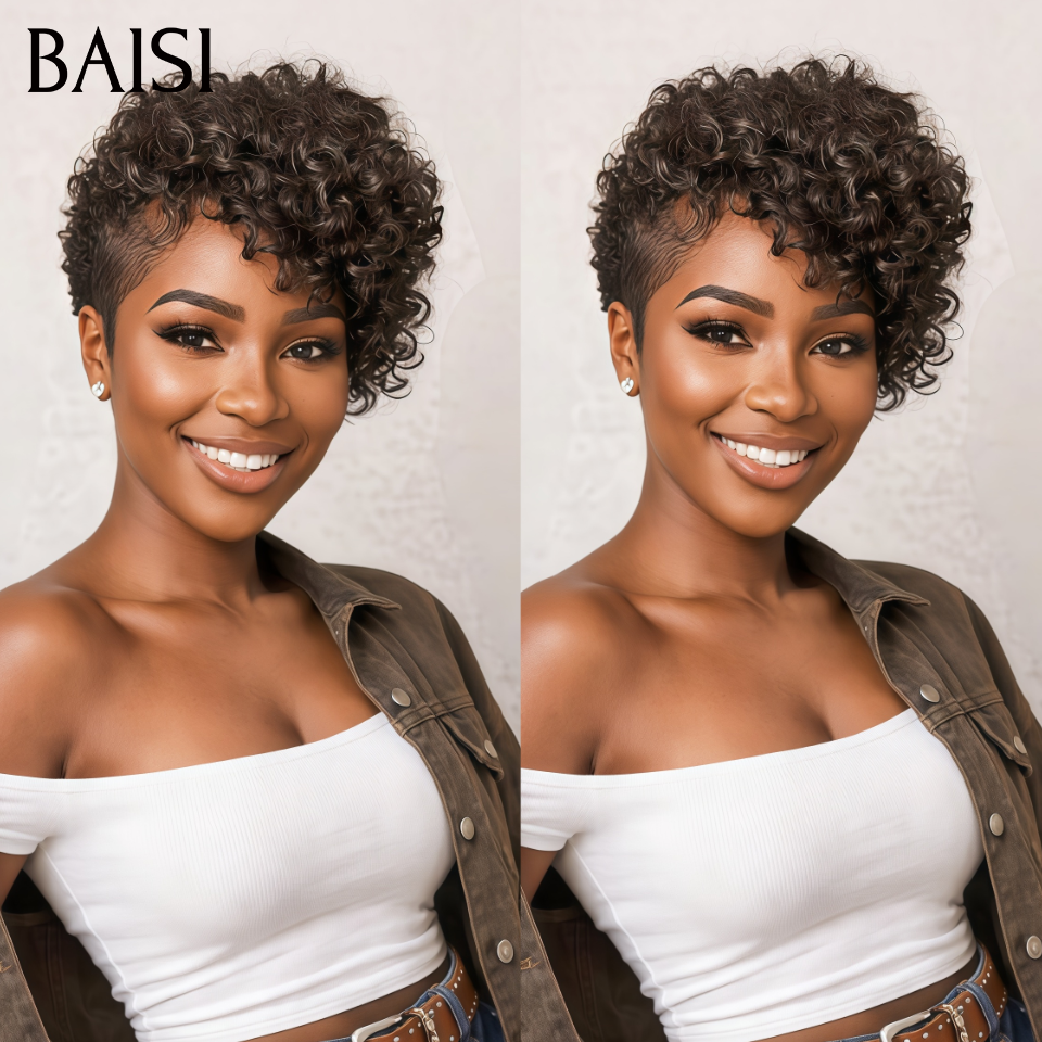 BAISI perucas pixie curly wave 100% idênticas à foto, cabelo 100% raw hair, entrega internacional rápida 2-7 dias + muitos brindes surpresa