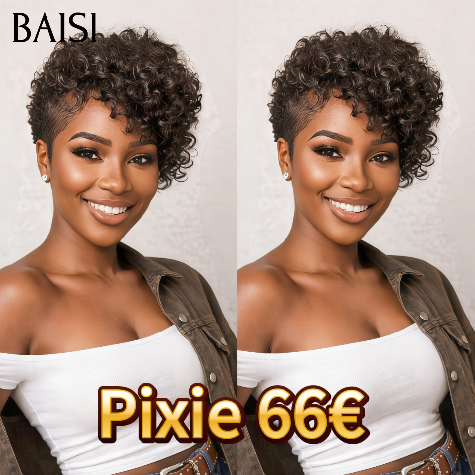 BAISI perucas pixie curly wave 100% idênticas à foto, cabelo 100% raw hair, entrega internacional rápida 2-7 dias + muitos brindes surpresa