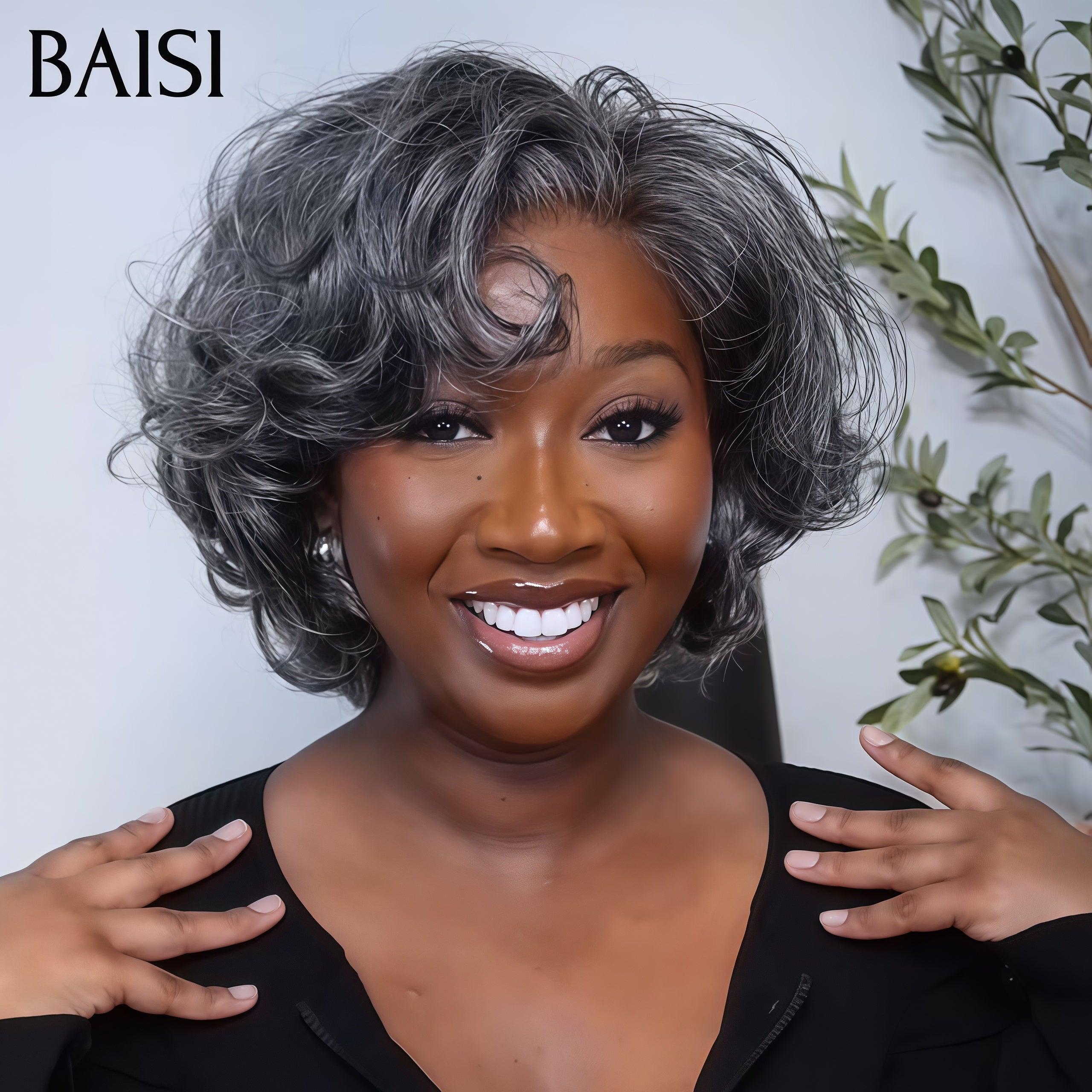 BAISI Collection Perruques Poivre et Sel Bouclée Gris sophistiqué élégance mature et naturelle style parisien intemporel Lace déjà couper Facile à Porter
