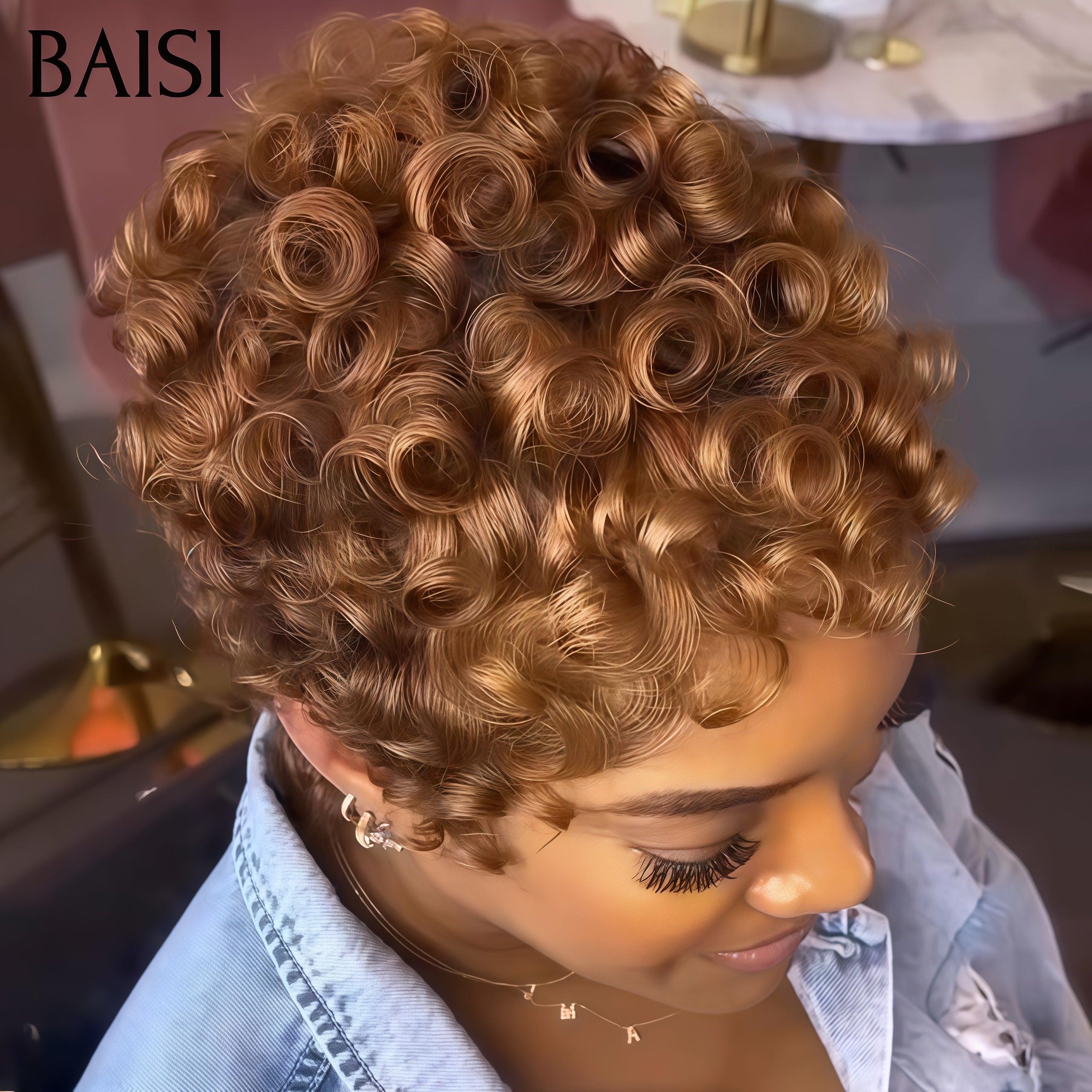 BAISI Perruque Chioma Full Lace 100% Cheveux Naturels Full Lace 139€ Perruque Pixie Finger Wave petite coupe en Couleur miel 30# en 100% cheveux humains