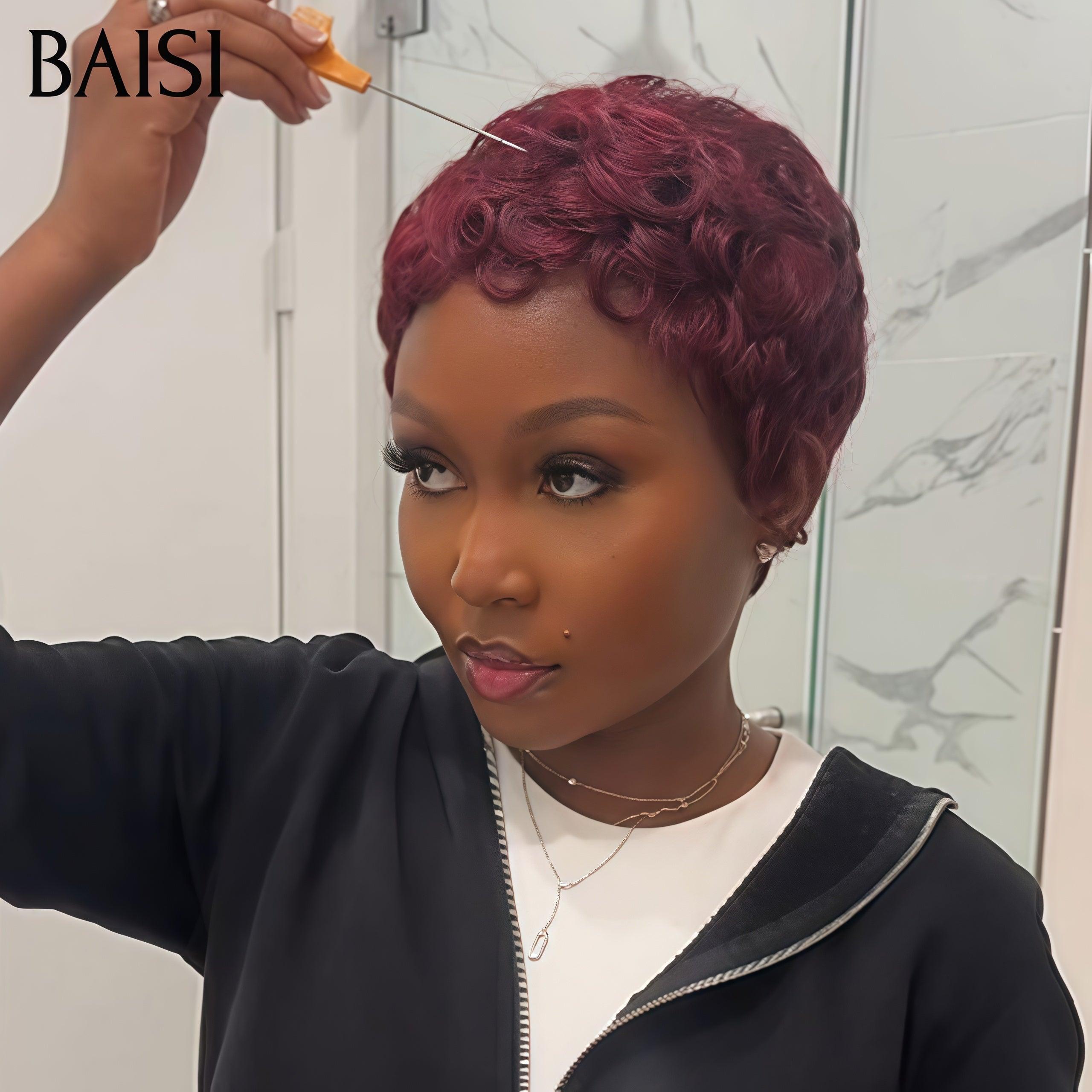 BAISI Perruque Full Lace 100% Cheveux Naturels Full Lace 149€ ou sans colle 59€ Perruque Pixie Finger Wave petite coupe en Couleur Bordeaux 99J# en 100% cheveux humains BS65
