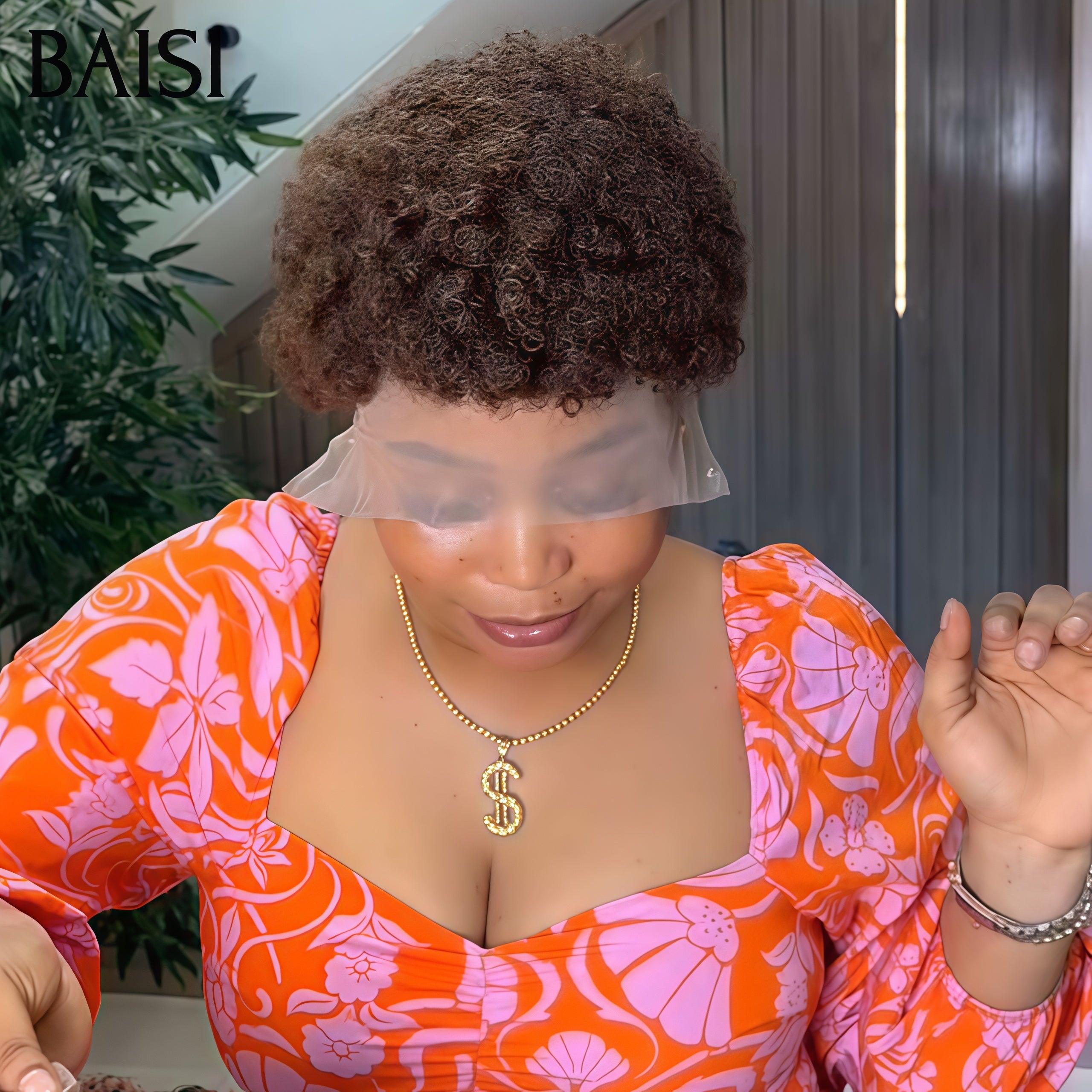 BAISI Perruque Pixie Afro Curl 13x4 lace frontal bouclé partout Marron ou sans lace 56€ en 100% cheveux humains F-905