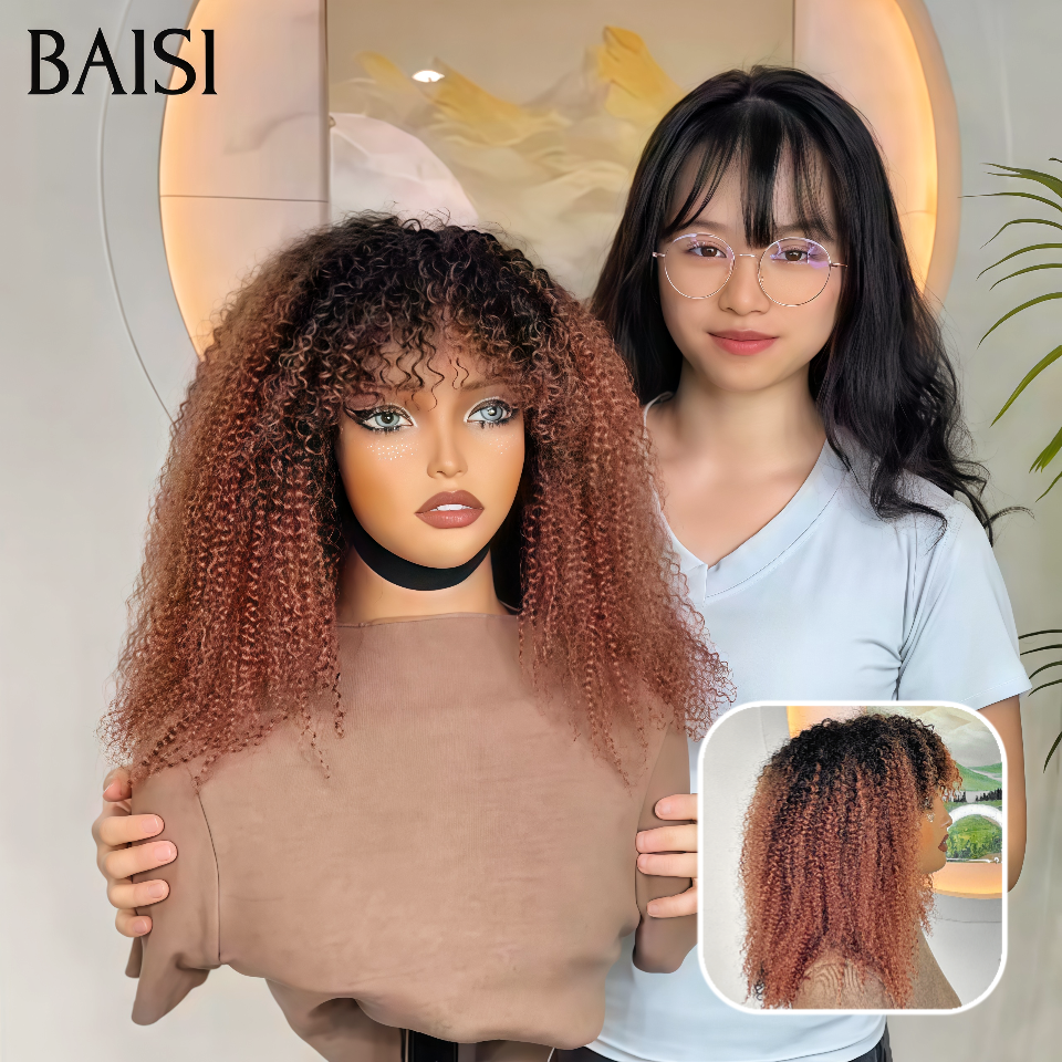 BAISI afro curl avec frange en couleur Marron 18 Pouces petite coupe fabriqué à la machine 100% cheveux humains