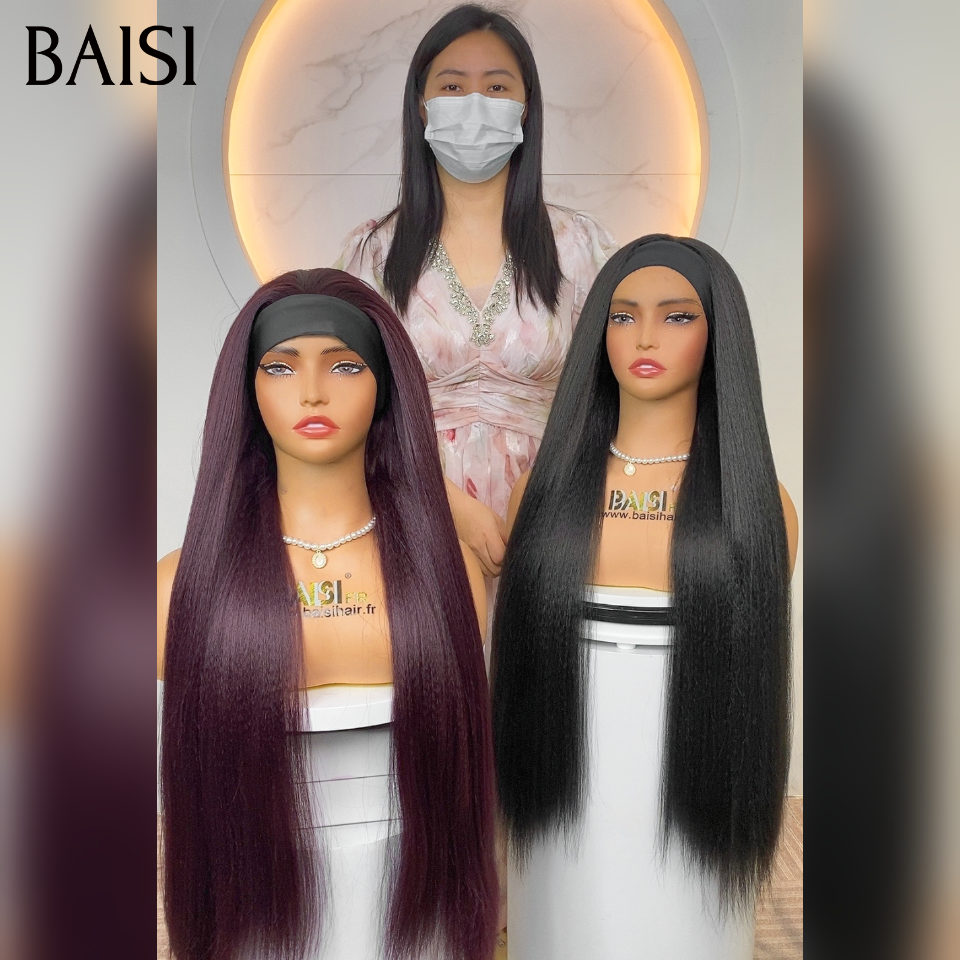 BAISI promotion 2 perruques 120€ Blended human hair Perruque bandeau kinky straight yaki 32 Pouces 2 couleurs Bordeaux ou noir sans Colle