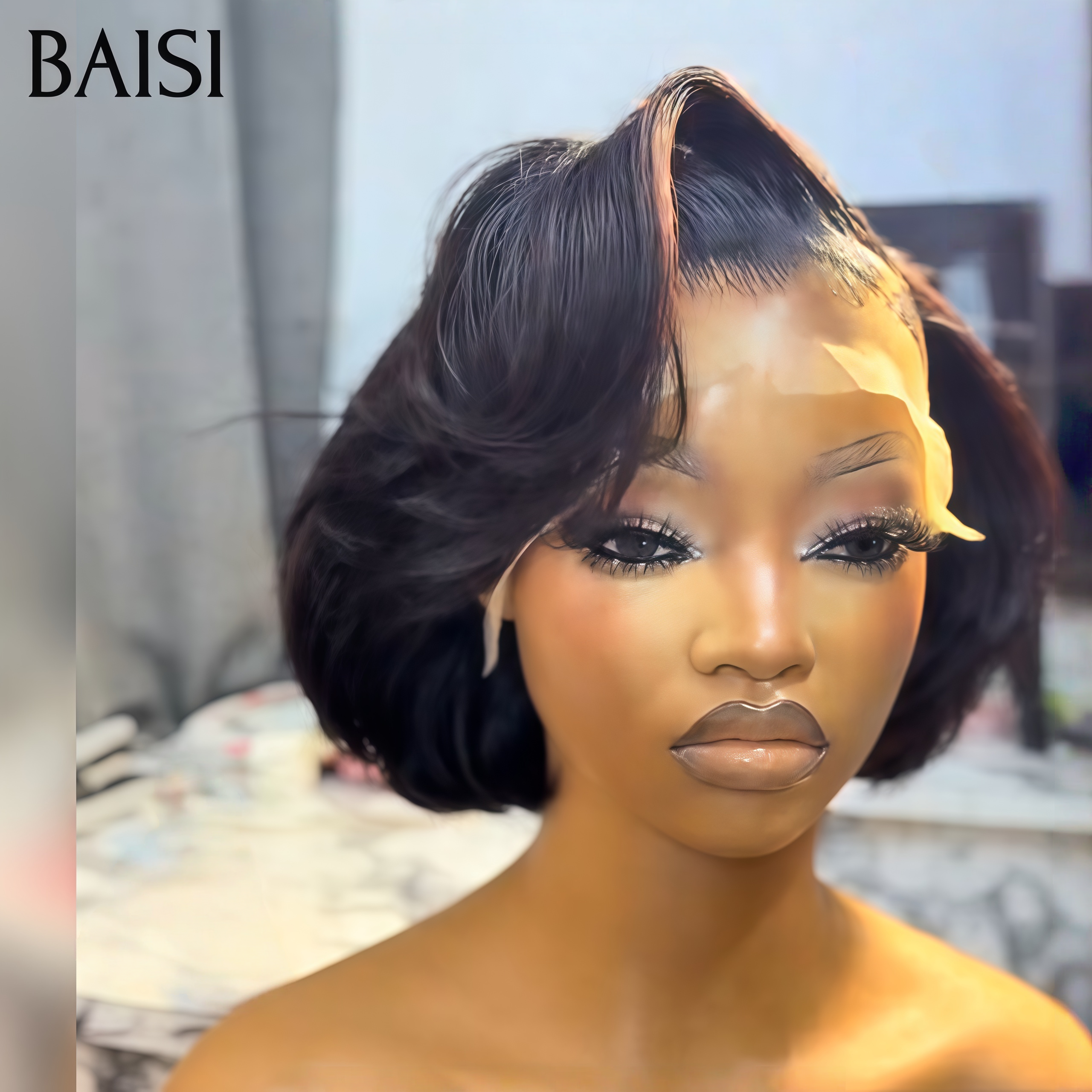BAISI 13X4 Lace Frontal Perruque Pixie noir 79€ egg wave moitié prix en 100% Cheveux Humains