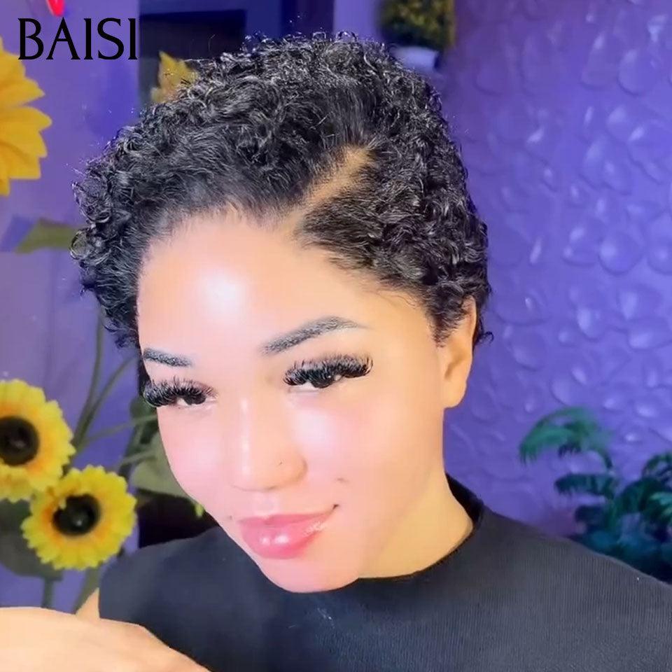 BAISI Perruque Full Lace 100% Cheveux Naturels Full Lace Perruque Pixie petite coupe Raie sur le côté en Couleur Noir en 100% cheveux humains