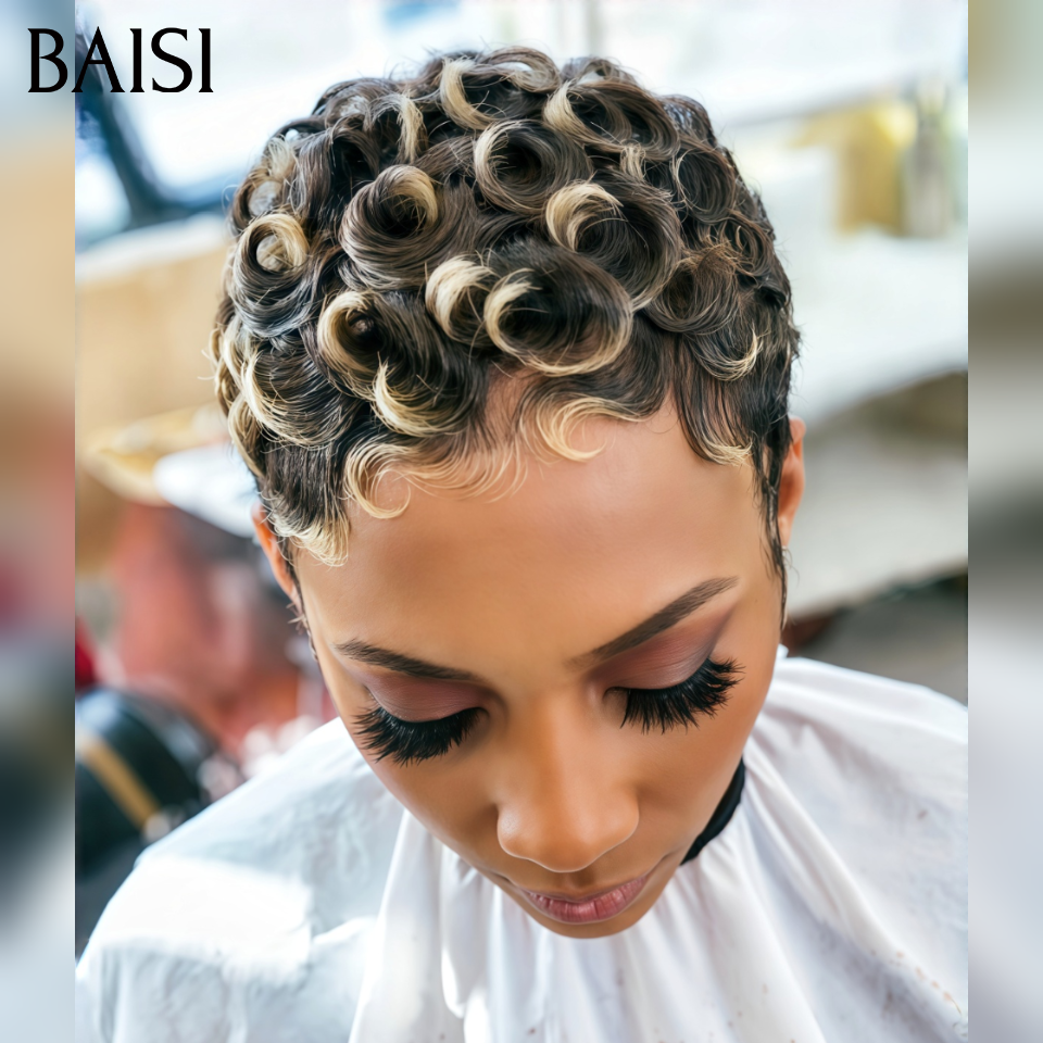 BAISI Perruque pixie chioma OFFRE FLASH 45€ Fabriqué à la Machine Promotion Mixte Miel en 100% Cheveux Humains