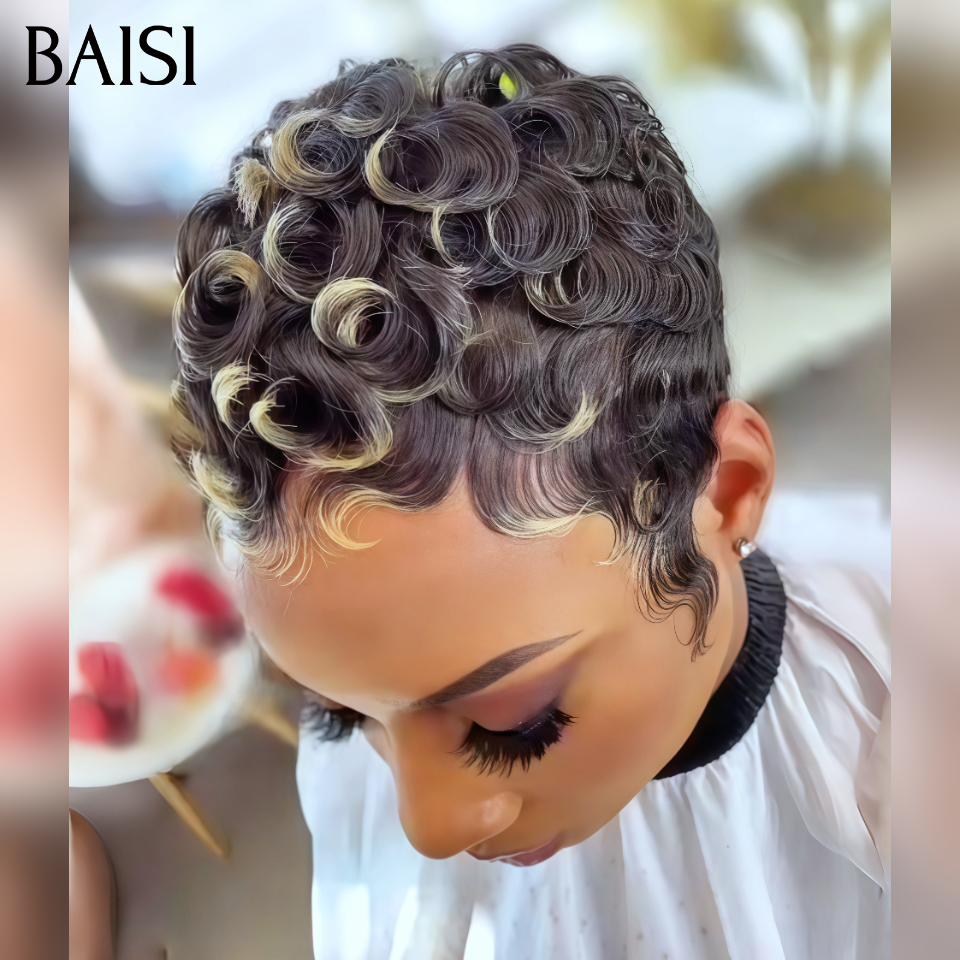 BAISI Perruque pixie chioma OFFRE FLASH 45€ Fabriqué à la Machine Promotion Mixte Miel en 100% Cheveux Humains