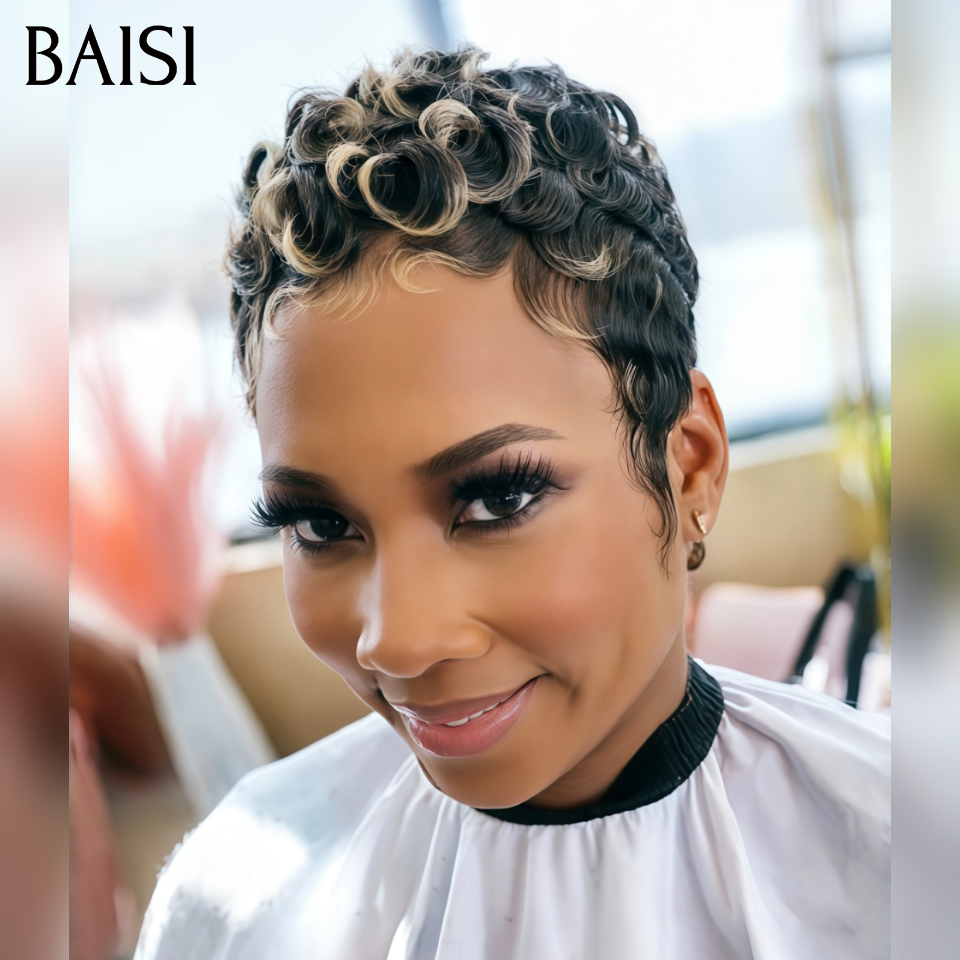 BAISI Perruque pixie chioma OFFRE FLASH 45€ Fabriqué à la Machine Promotion Mixte Miel en 100% Cheveux Humains