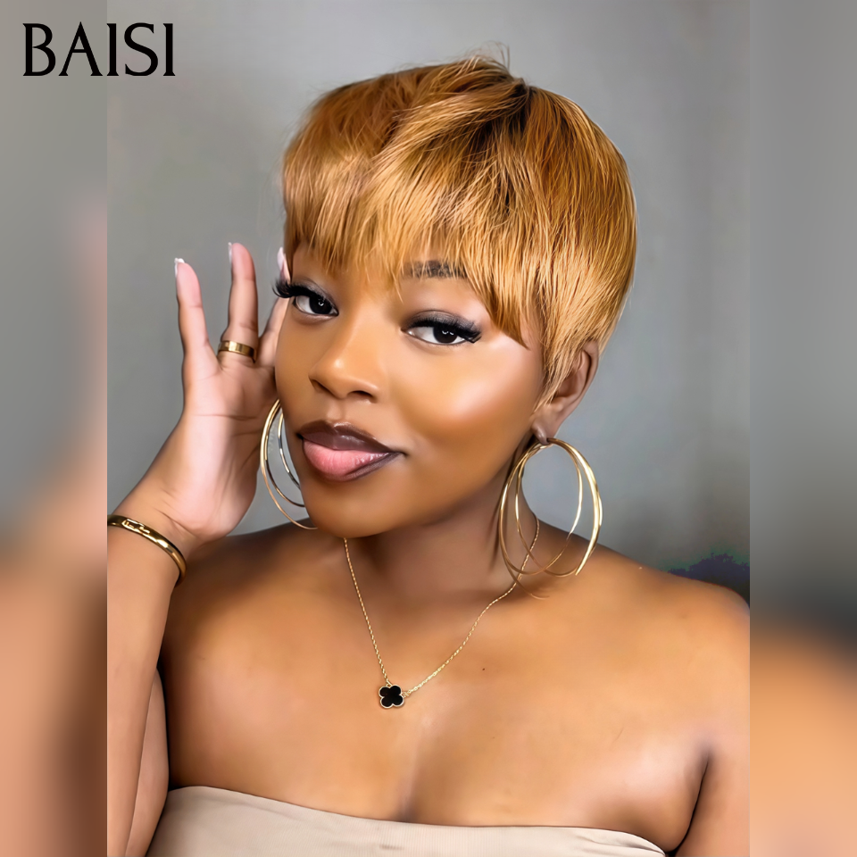 BAISI 2 perruques courtes 60€ OFFRE FLASH pixie afro et Lisse Sans Colle NOIR Fabriqué à la Machine Promotion en 100% Cheveux Humains
