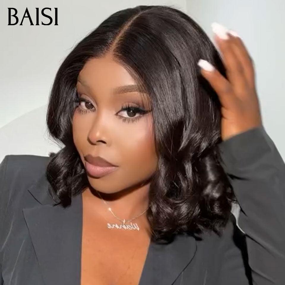 BAISI 4x4 Perruque Body Wave bob 10 Pouce 88€ en Noir Sans Colle Lace déjà couper Facile à Porter en 100% Cheveux Humains BS65