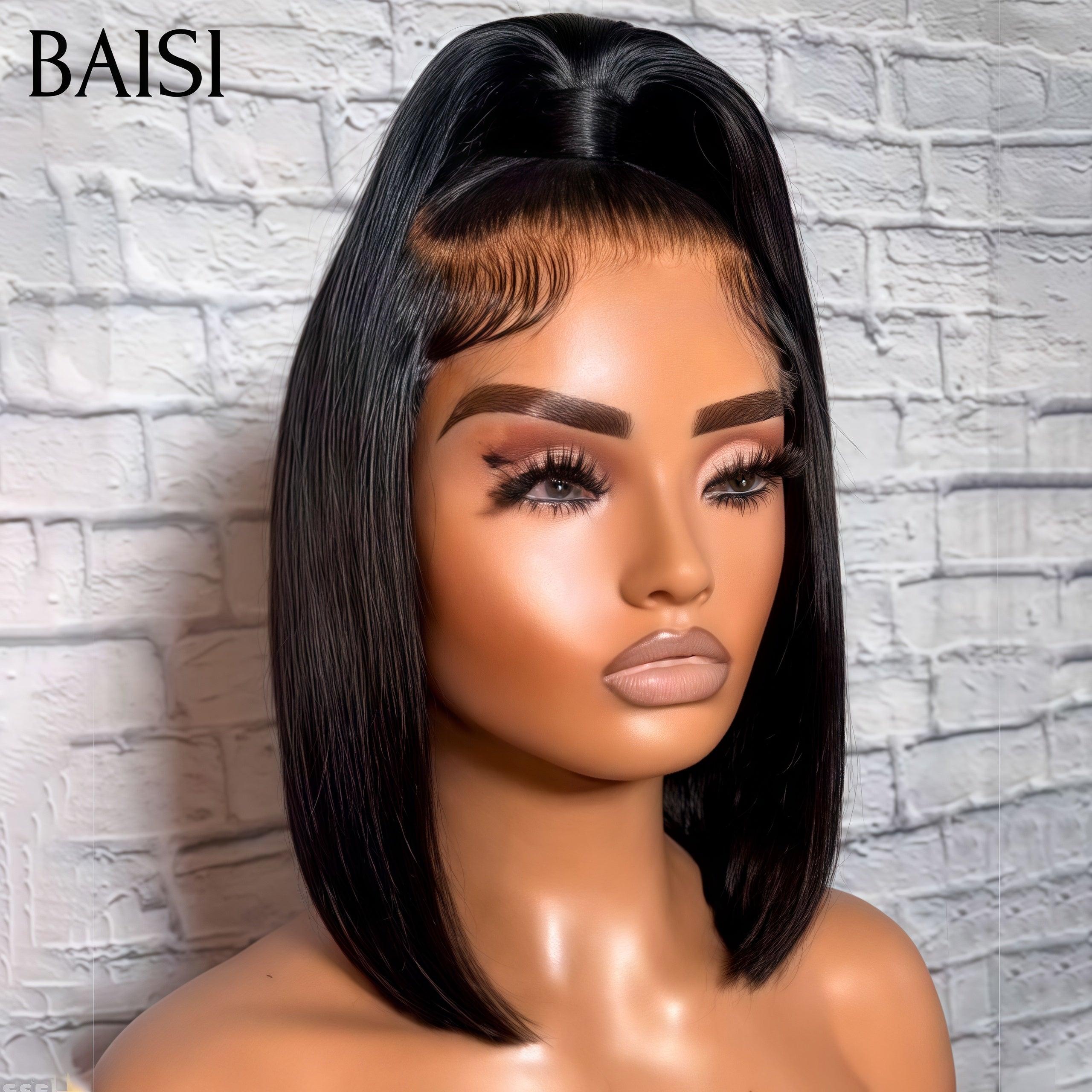 BAISI 13X4 de Luxe Lisse bob SDD BONE STRAIGHT Perruque comme sur la photo coiffure avec demi-queue de cheval lace déjà découper facile à porter 300% densite A1 Fabriquées par les cheveux double drawn