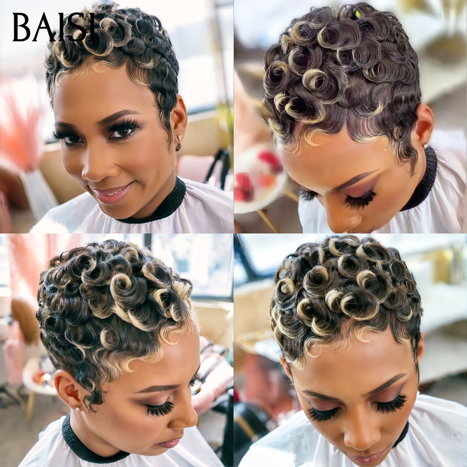 BAISI Perruque pixie chioma OFFRE FLASH 45€ Fabriqué à la Machine Promotion Mixte Miel en 100% Cheveux Humains