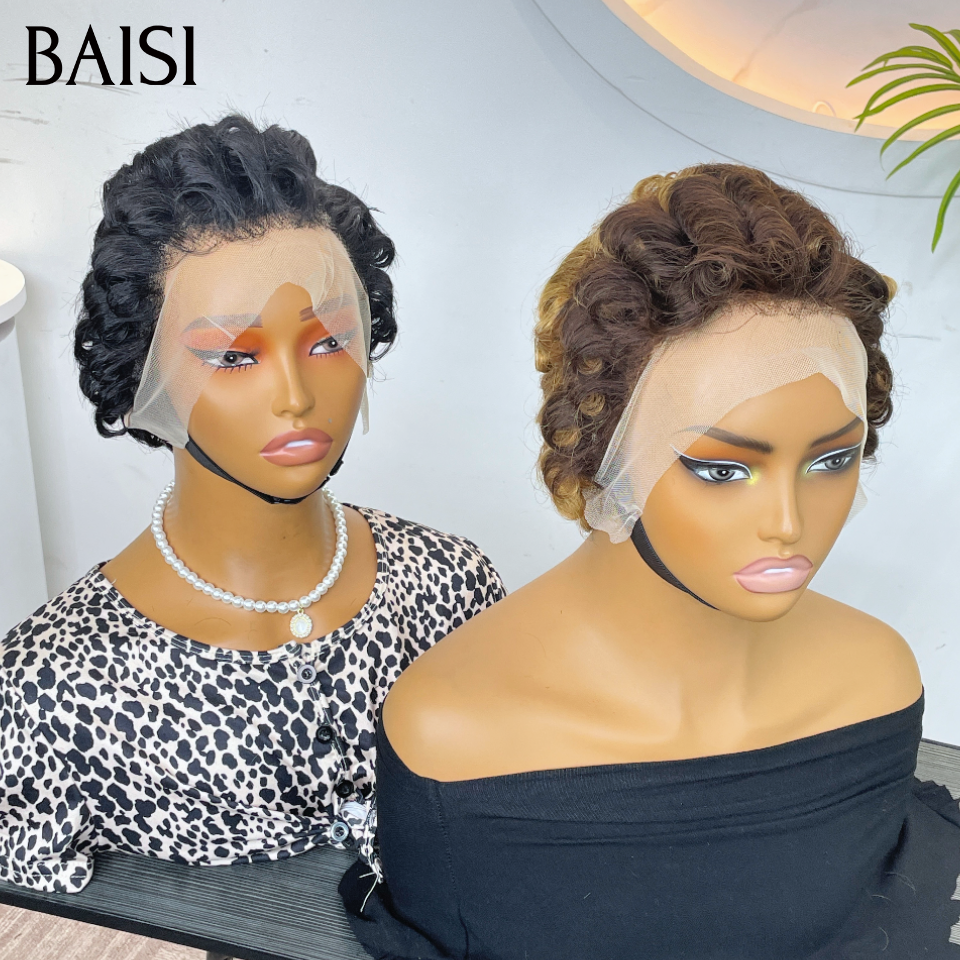 BAISI 2 Perruques 80€ 13x4 lace pixie finger wave Marron ou noir 100% Cheveux Humains