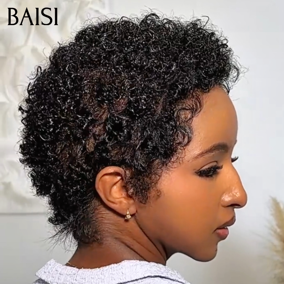 BAISI Perruque pixie afro curly wave OFFRE FLASH Sans Colle 56€ NOIR Fabriqué à la Machine ou Full Lace 109€ Promotion en 100% Cheveux Humains