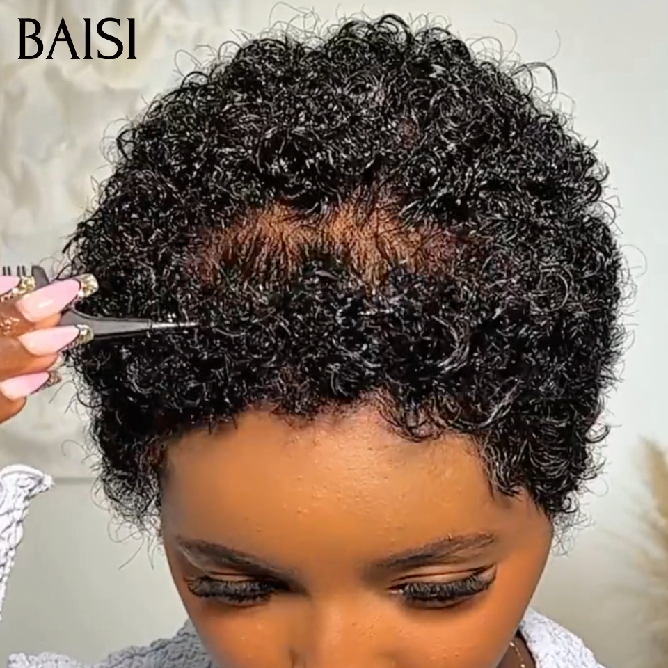 BAISI Perruque pixie afro curly wave OFFRE FLASH Sans Colle 56€ NOIR Fabriqué à la Machine ou Full Lace 109€ Promotion en 100% Cheveux Humains