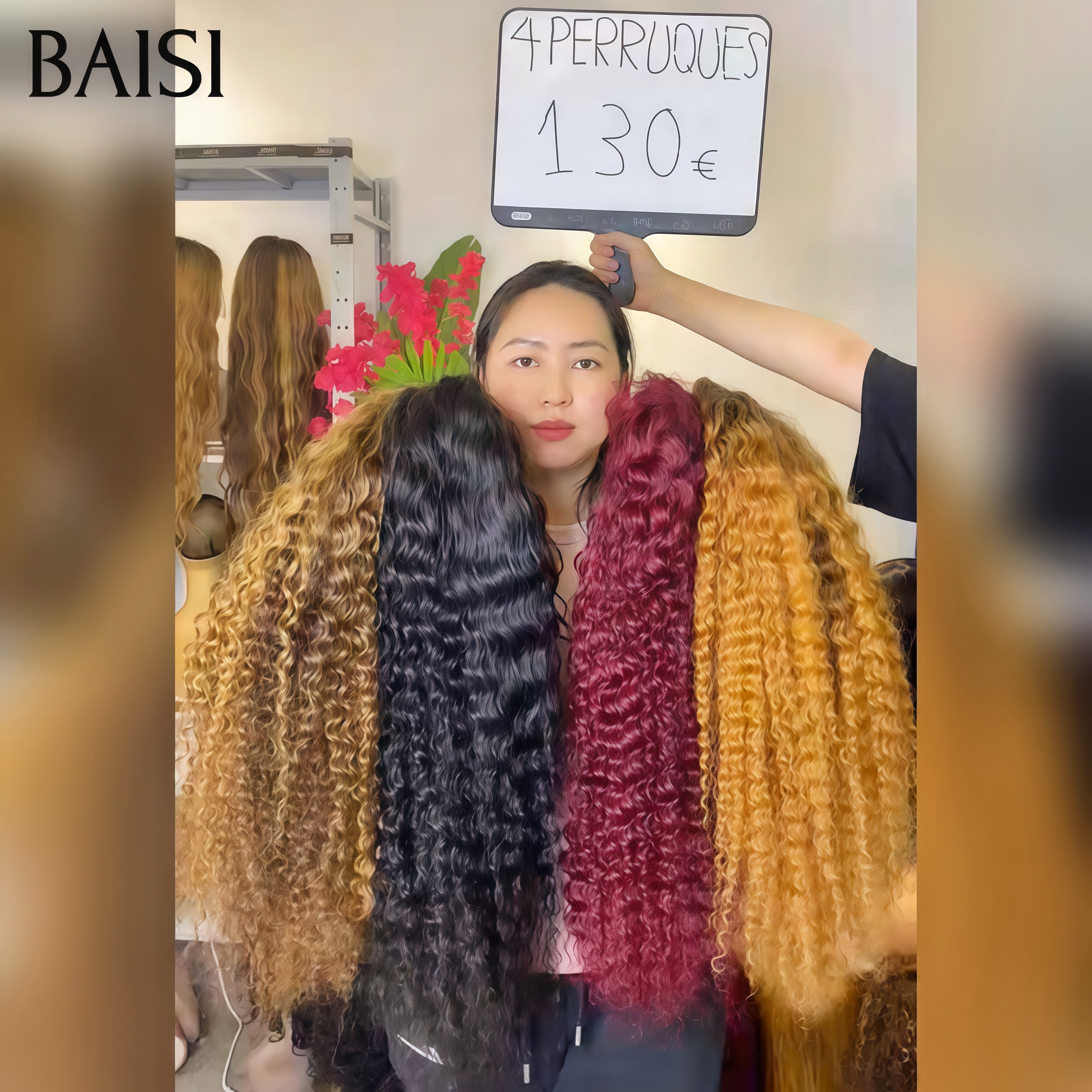 BAISI 1 Bordeau 22P 130€ deep wave et 4 perruques Bordeau noir miel mixte Lot 398€ prix promotion Lace frontal 13*4 Raw Hair 4 couleurs en 100% Cheveux Humains