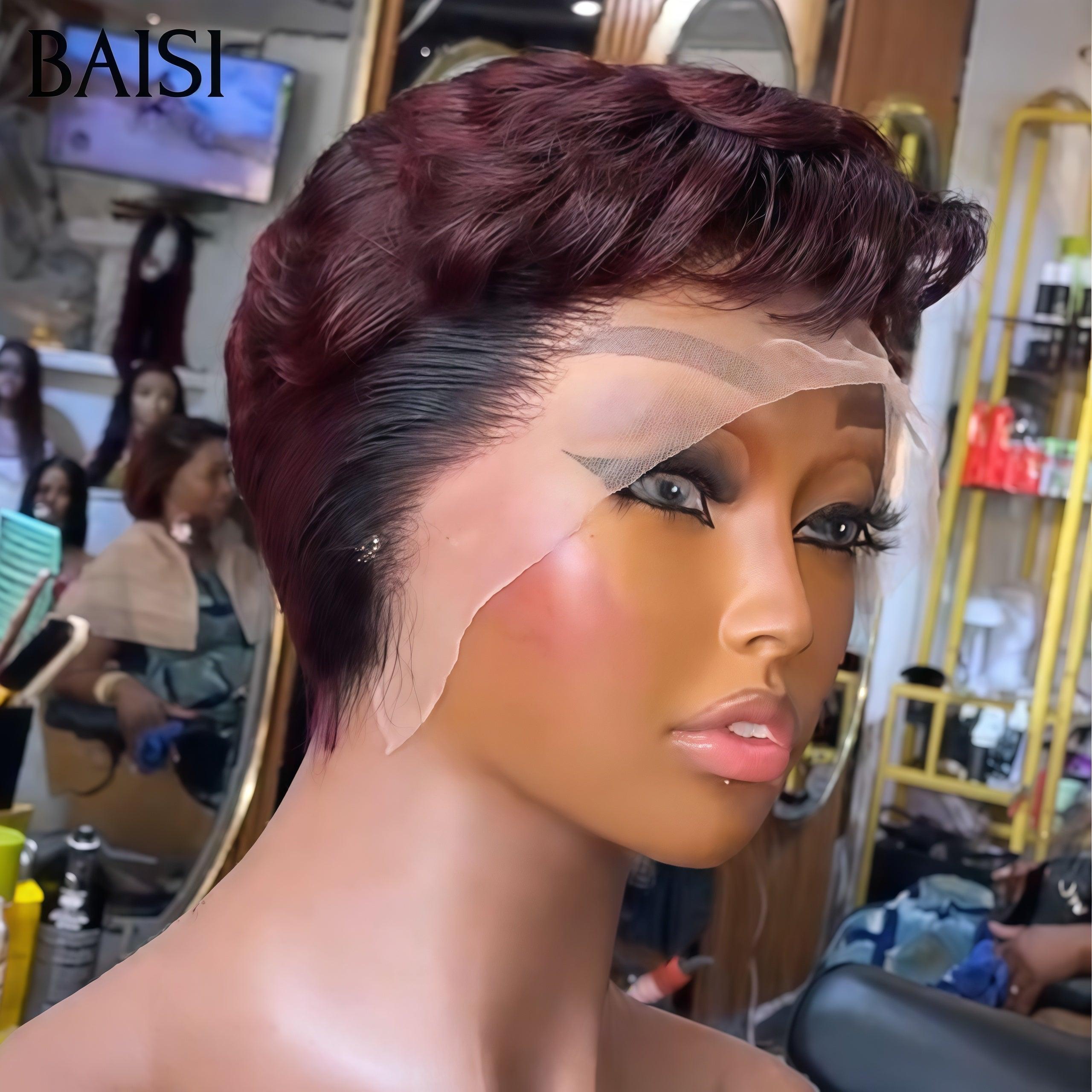 BAISI Perruque 56€ pixie 13X4 lace finger wave en couleur 99J# en 100% Cheveux humains
