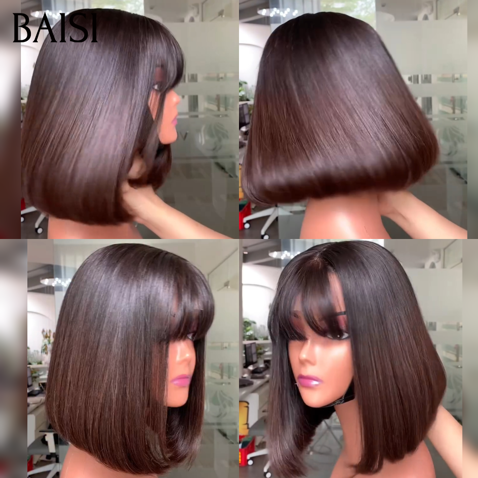 BAISI 15A SDD BONE STRAIGHT bob Parrucche di lusso Bob dritto senza pizzo con frangia A1 Realizzato con capelli doppiamente stirati B