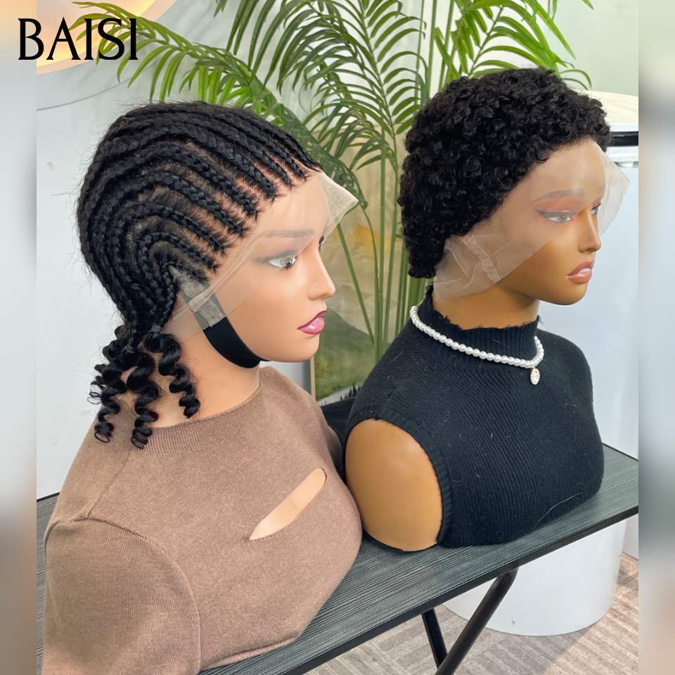 Nouveau produit Full Lace Perruque pixie Coiffée avec coiffure tressée natte ou afro en 100% Cheveux Humains