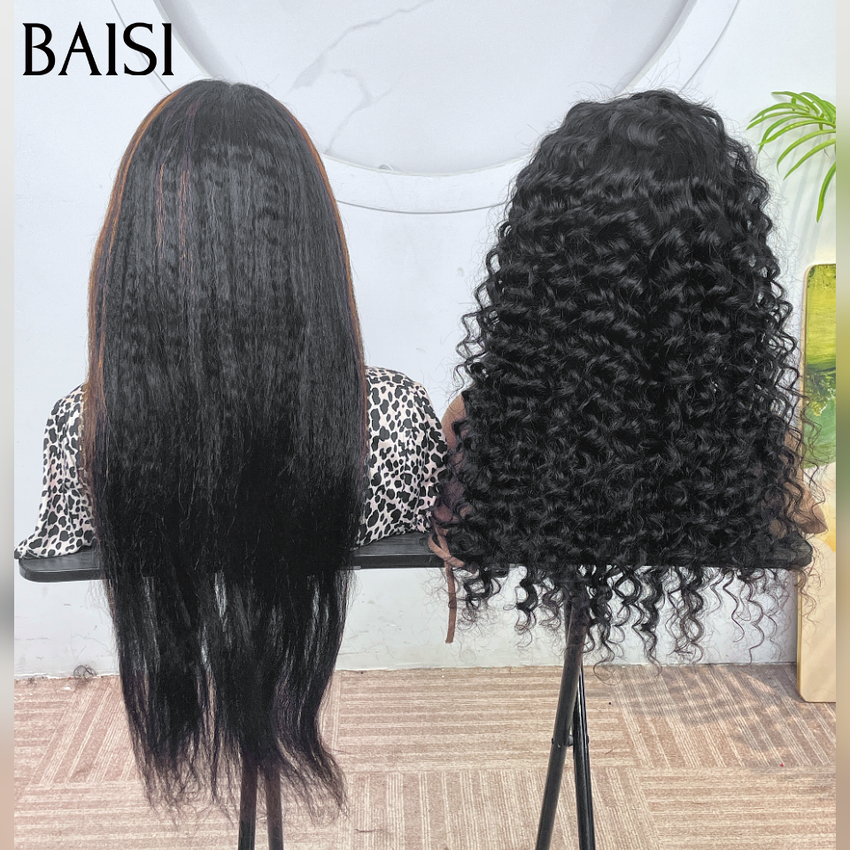 BAISI grande promotion Sans colle Facile à porter 4x6 Lace deep wave NOIR 22 Pouces ou kinky straight 22 Pouces NOIR Mixte Miel Pré-plucked Pas Besoin de Colle 4C hairline en 100% Cheveux Humains
