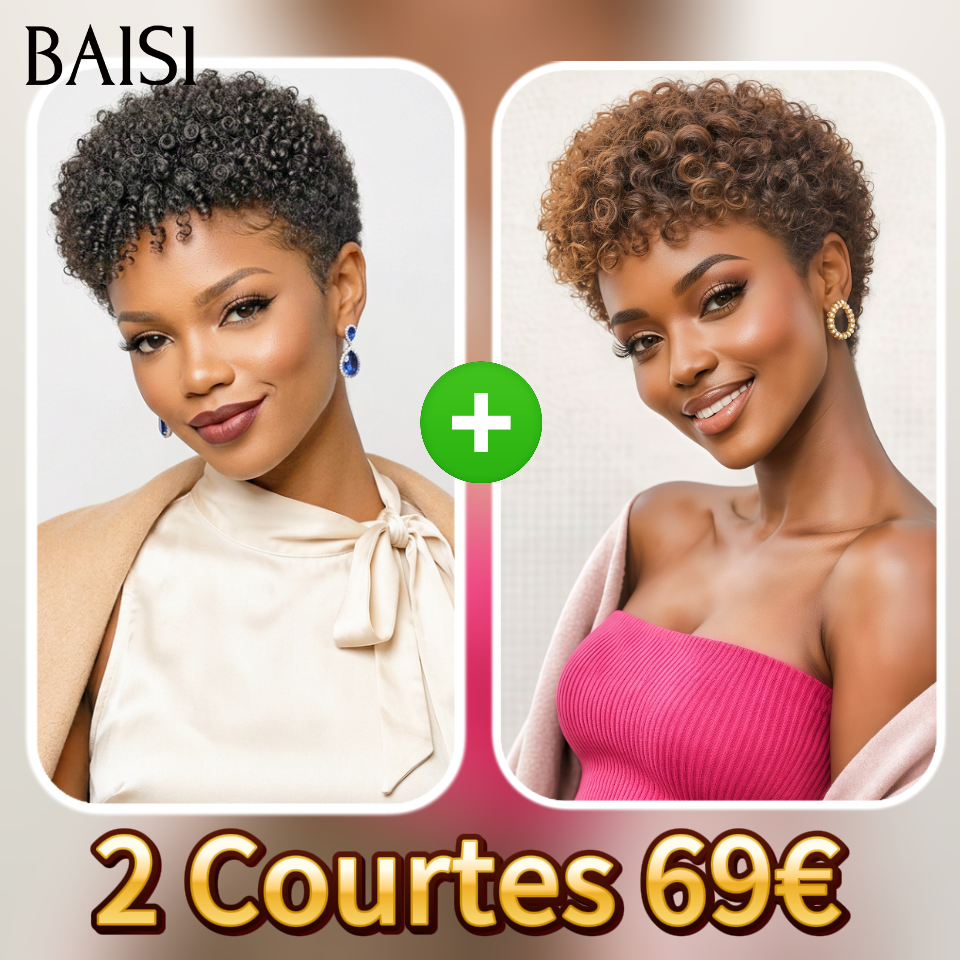 BAISI 2 perruques 69€ pixie Sans Colle Moitié prix produit Coupe 2 couleurs NOIR ou Marron en 100% Cheveux Humains