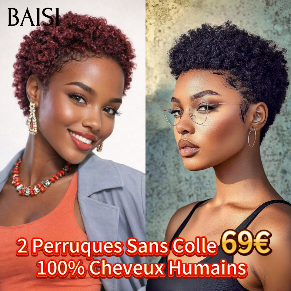 BAISI HAIR FR 2 Perruques Sans Colle 69€ afro ou Lot De 4 Perruques Prix en Gros pour Revendre En Couleur 590€ moitié prix En 100% Cheveux Humains mp50