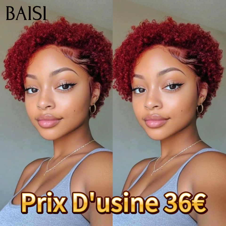 BAISI Achetez 2 perruques minimum au prix d'usine fournisseur Avec Frontale 66€ pixie afro bordeaux ou 13x4 Frontal Perruque Bob Curly En Orange Coupe Carrée En 100% Vrais Cheveux Humains (Pas Besoin De Code)