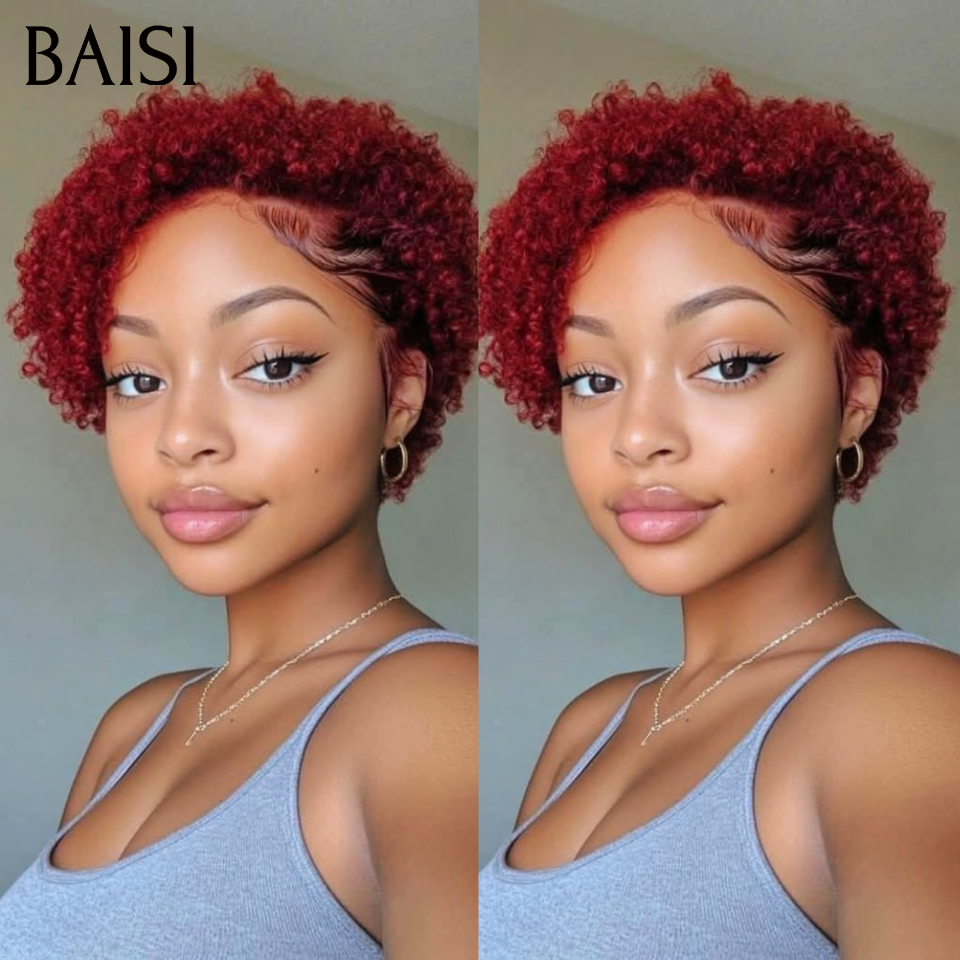 BAISI Achetez 2 perruques minimum au prix d'usine fournisseur Avec Frontale 66€ pixie afro bordeaux ou 13x4 Frontal Perruque Bob Curly En Orange Coupe Carrée En 100% Vrais Cheveux Humains (Pas Besoin De Code)
