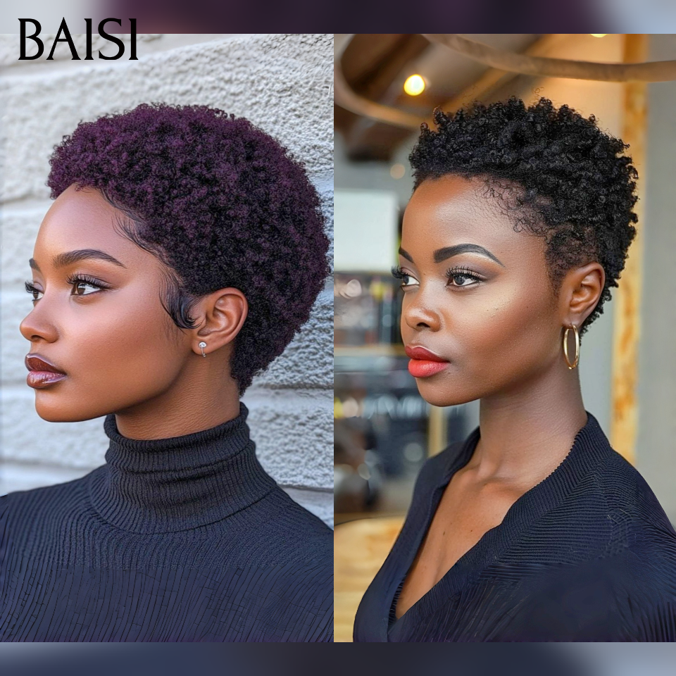 BAISI 2 Curtas 75€ afro pixie Sem Cola ou 2 Perucas sem cola body wave e curly wave 18 pouces em 100% cabelo humano verdadeiro VIP150