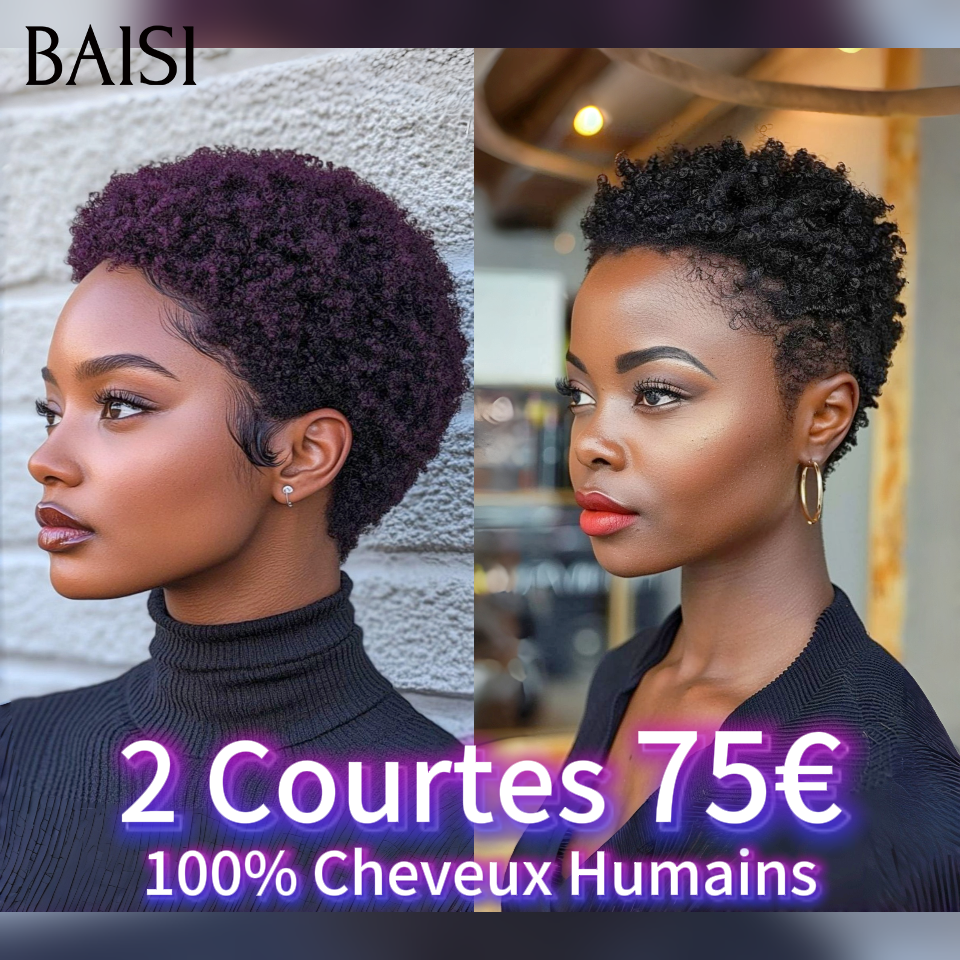 BAISI 2 Curtas 75€ afro pixie Sem Cola ou 2 Perucas sem cola body wave e curly wave 18 pouces em 100% cabelo humano verdadeiro VIP150