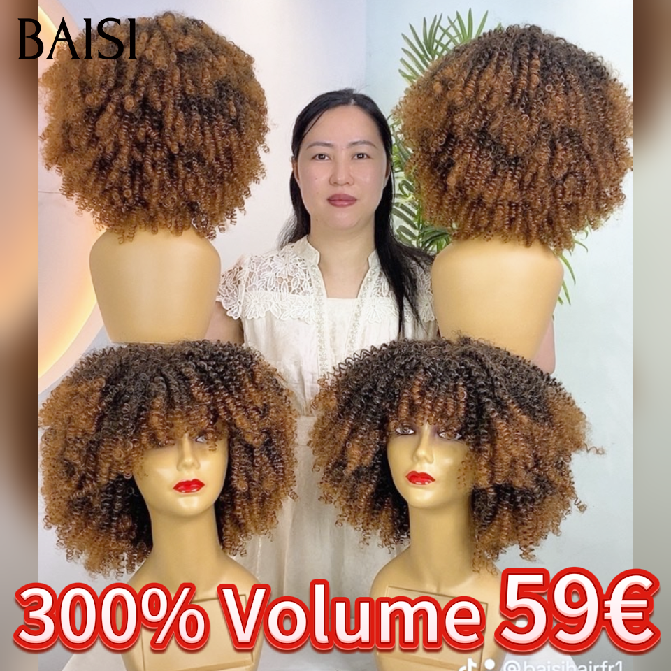 BAISI Perruque 300% densité BOB afro curly avec Frange 100% Blended Hair 59€ Sans Colle en couleur marron avec racine noir