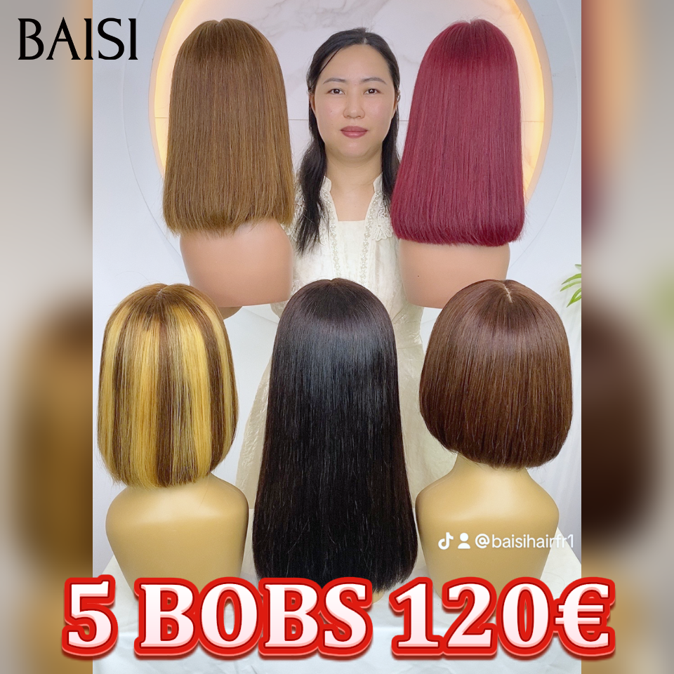 Vente en gros 5 perruques bobs 120€ 5 couleurs( noir+miel +mixte+bordeaux+marron ) 5 tailles (14p+12p+10p)stock limité soldes sans retour blended human hair