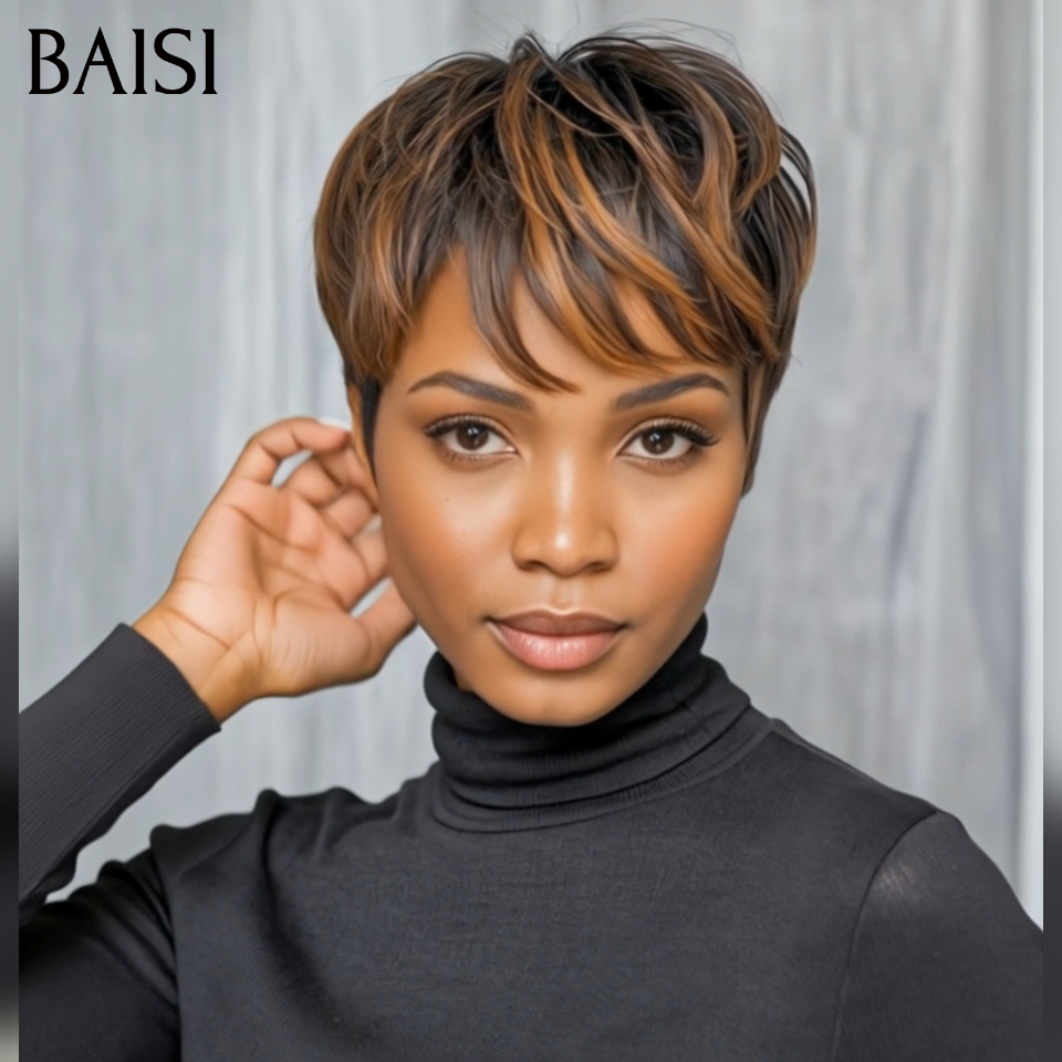 BAISI Perruque Pixie Lisse petite coupe fabriqué à la machine moitié prix 45€ en couleur 1B/30# En 100% Cheveux Humains