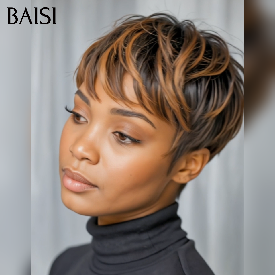 BAISI Perruque Pixie Lisse petite coupe fabriqué à la machine moitié prix 45€ en couleur 1B/30# En 100% Cheveux Humains