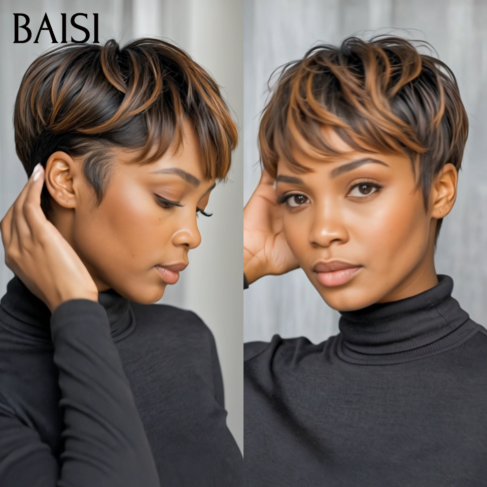 BAISI Perruque Pixie Lisse petite coupe fabriqué à la machine moitié prix 45€ en couleur 1B/30# En 100% Cheveux Humains