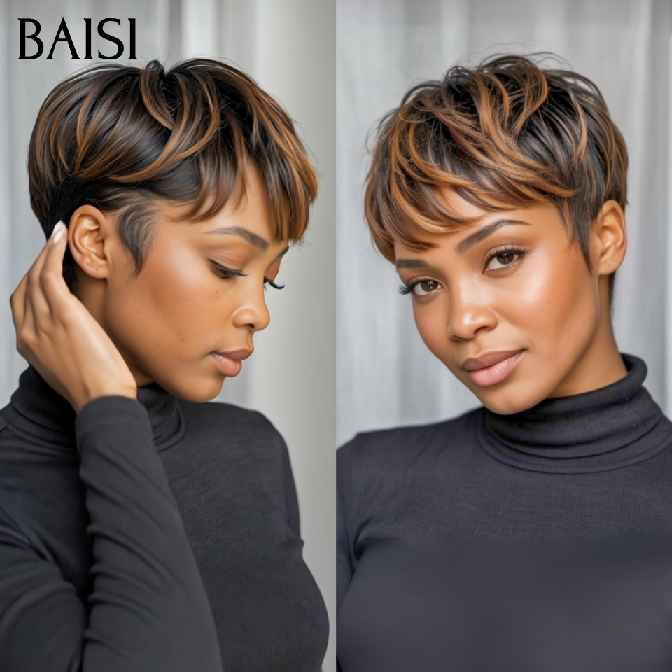 BAISI Perruque Pixie Lisse petite coupe fabriqué à la machine moitié prix 45€ en couleur 1B/30# En 100% Cheveux Humains