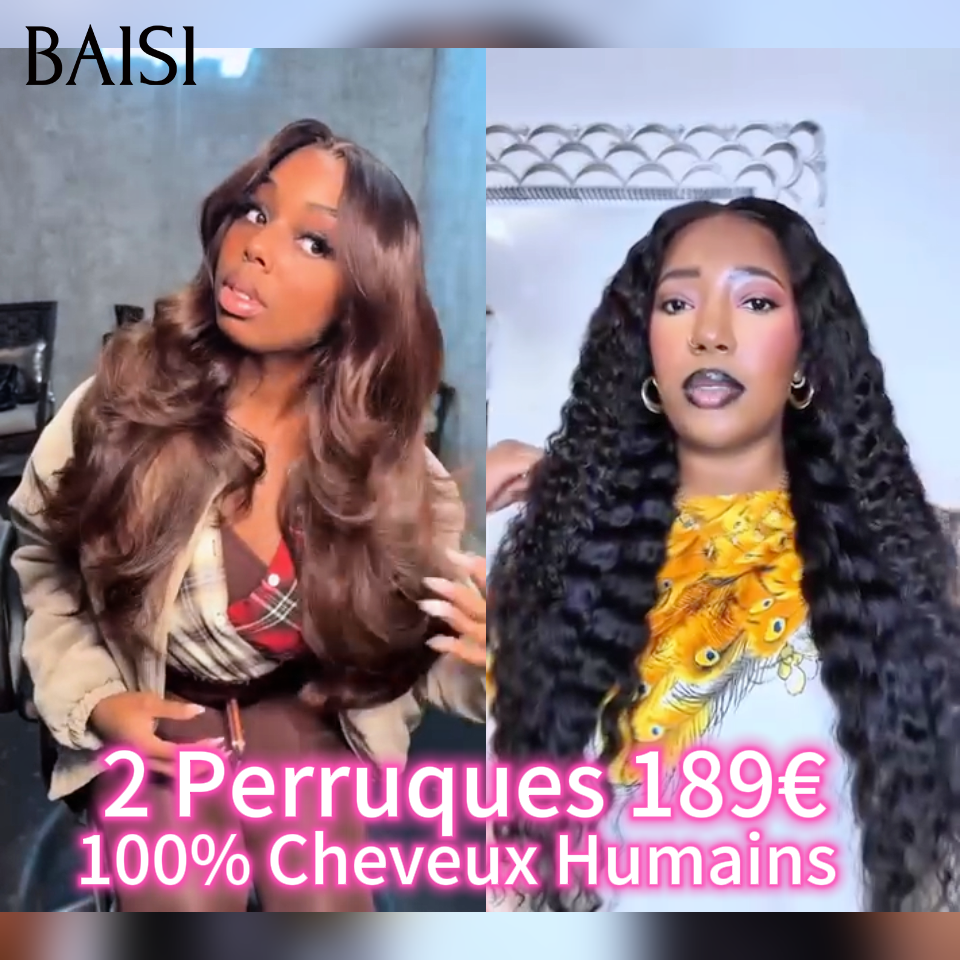 BAISI 2 Perruques 20 pouces 189€ lace frontal deep wave noir et body wave marron en 100% cheveux humains