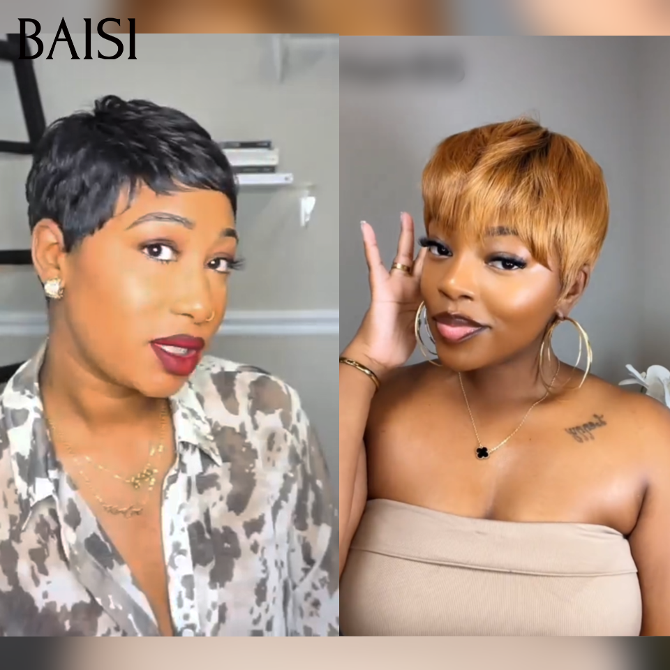 BAISI Grande Promo 2 perruques 75€ petite coupe fabriqué à la machine en couleur Miel et NOIR En 100% Cheveux Humains