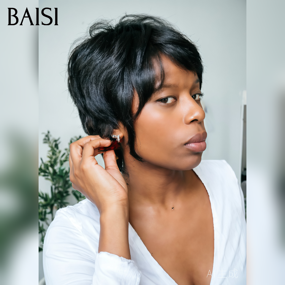 BAISI Perruque Pixie Sans Colle 39€ ou 13x4 Lace Frontale En Couleur noir 79.99€ en 100% Cheveux Humains