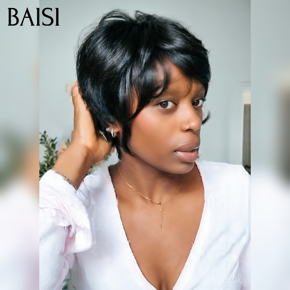 BAISI Perruque Pixie Sans Colle 39€ ou 13x4 Lace Frontale En Couleur noir 79.99€ en 100% Cheveux Humains
