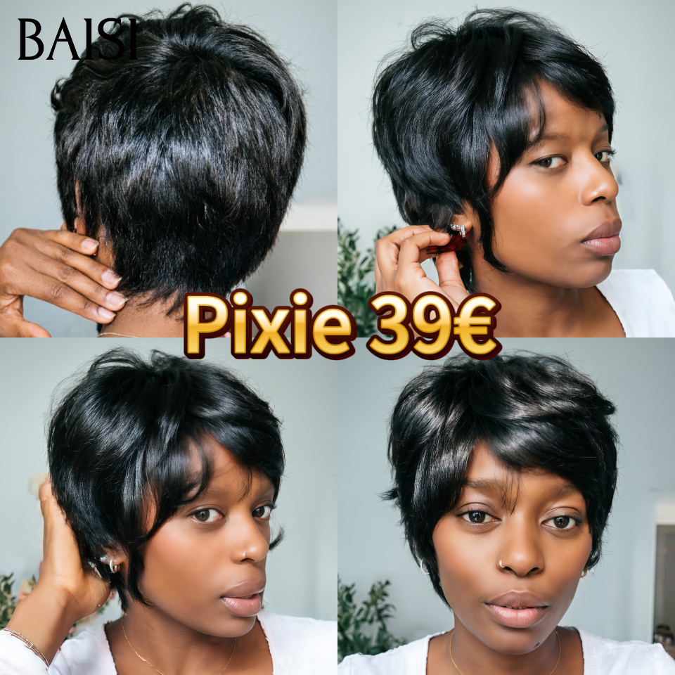 BAISI Perruque Pixie Sans Colle 39€ ou 13x4 Lace Frontale En Couleur noir 79.99€ en 100% Cheveux Humains