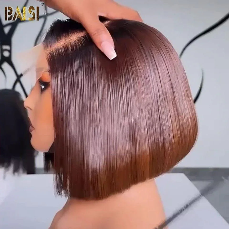 Perucas de Luxo BAISI de Alta Qualidade, lisas, 8 polegadas, castanhas, A1, feitas com cabelo double drawn, mechas virgens, volume Vietnam Hair, 300% densidade, mais de 20 anos de uso