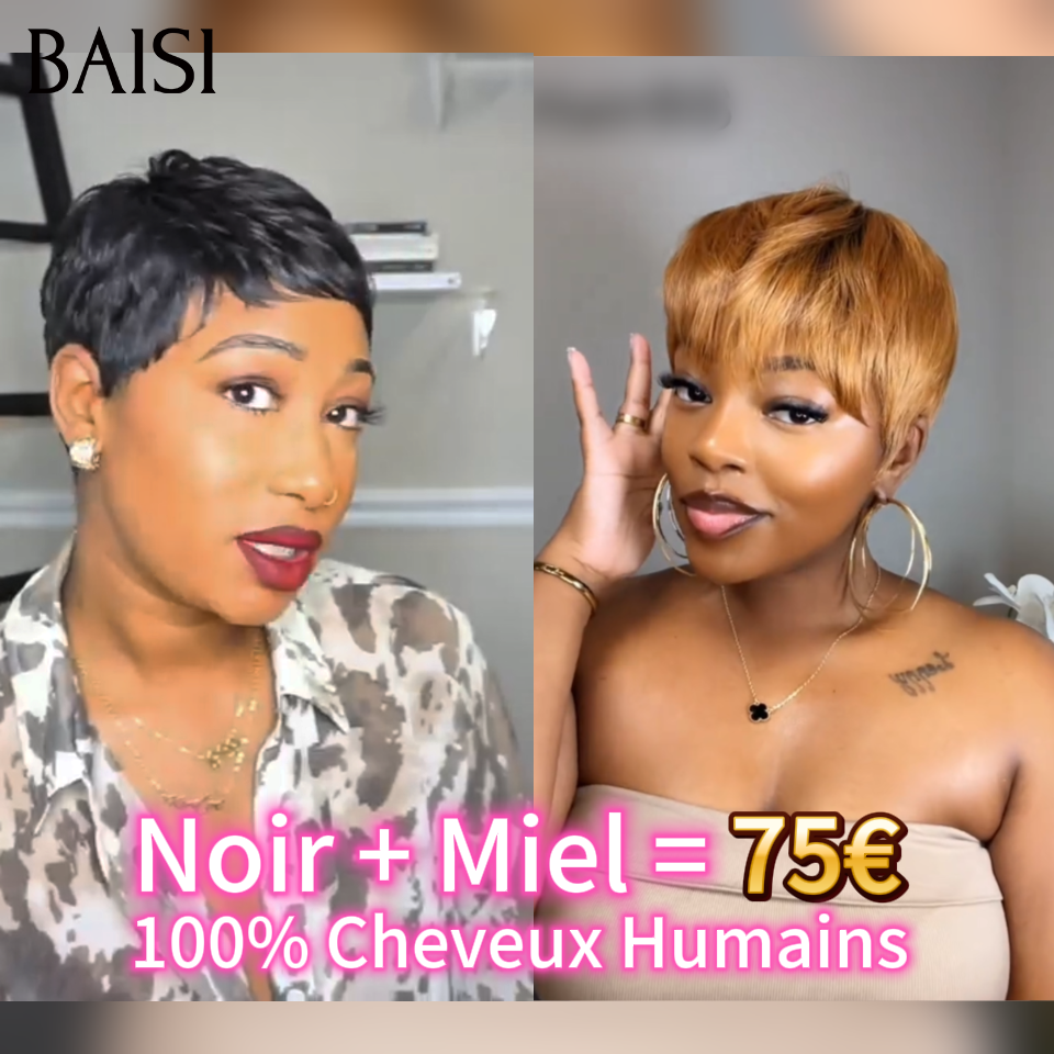 BAISI Grande Promo 2 perruques 75€ petite coupe fabriqué à la machine en couleur Miel et NOIR En 100% Cheveux Humains