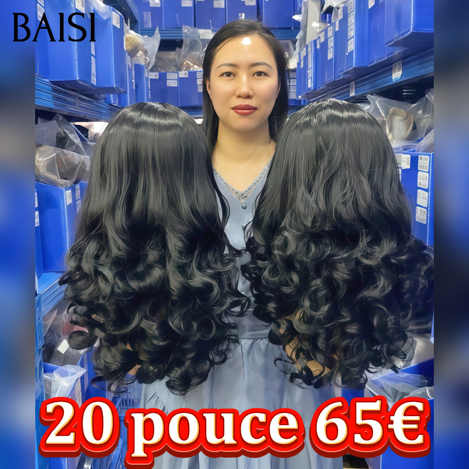 BAISI promotion perruque 65€ 20 Pouces Blended human hair Perruque bandeau Bouclé egg wave noir sans Colle en 100% Cheveux Humains