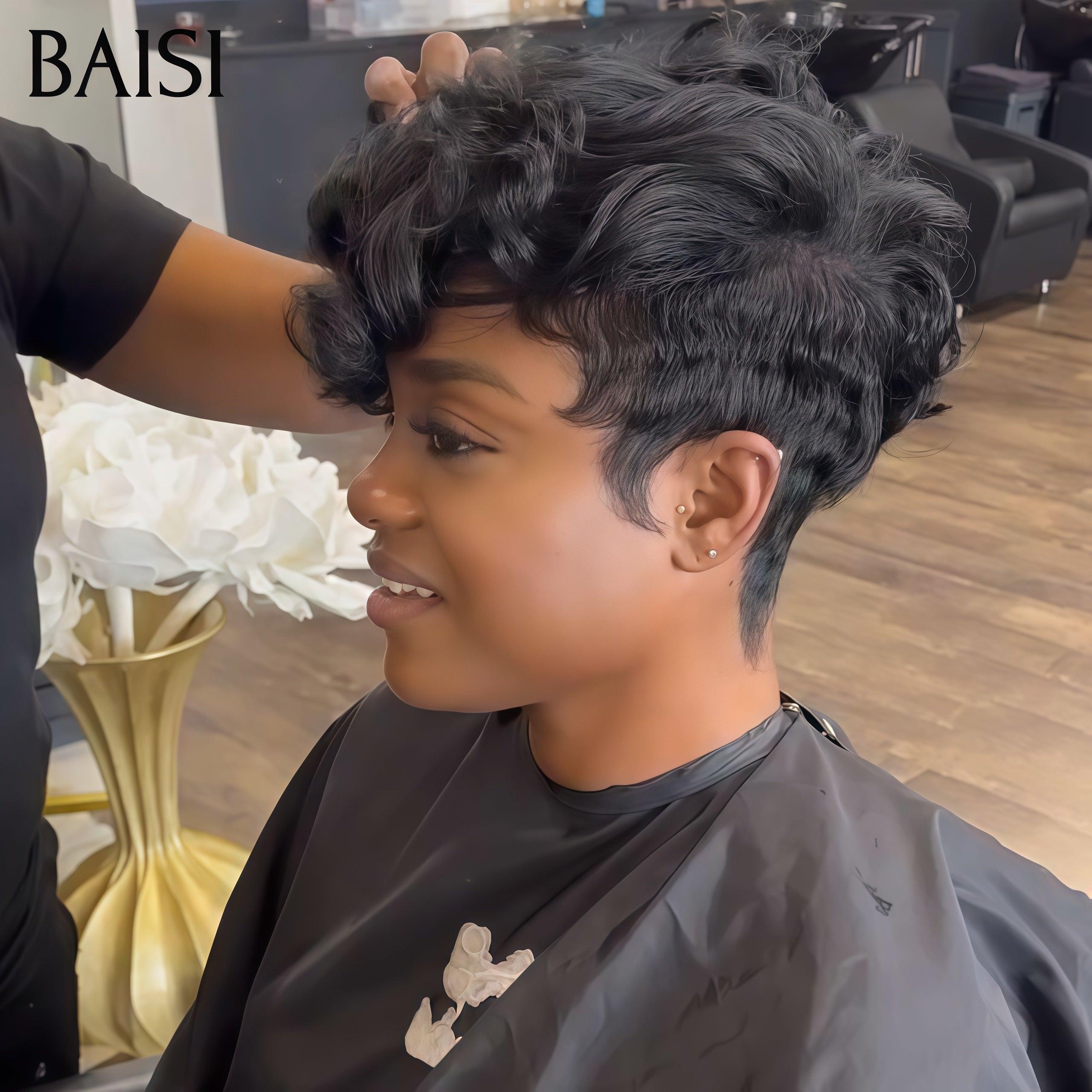 BAISI Wavy Wig Pixie Cut Full Lace Finger Wave small cut in Black Color in 100% human hair BS50