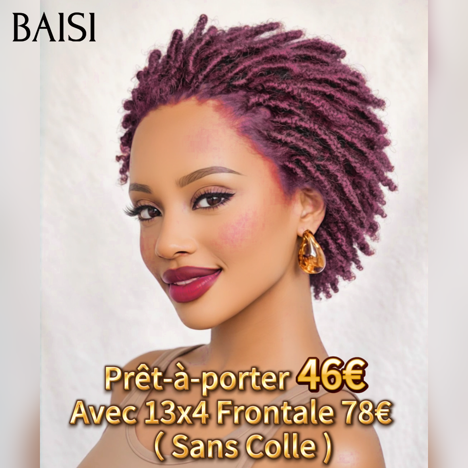 BAISI 13x4 lace frontal Perruque Pixie sans colle pour l'été 46€ en couleur bordeaux produit Fabriqué à la Machine en 100% Cheveux Humains