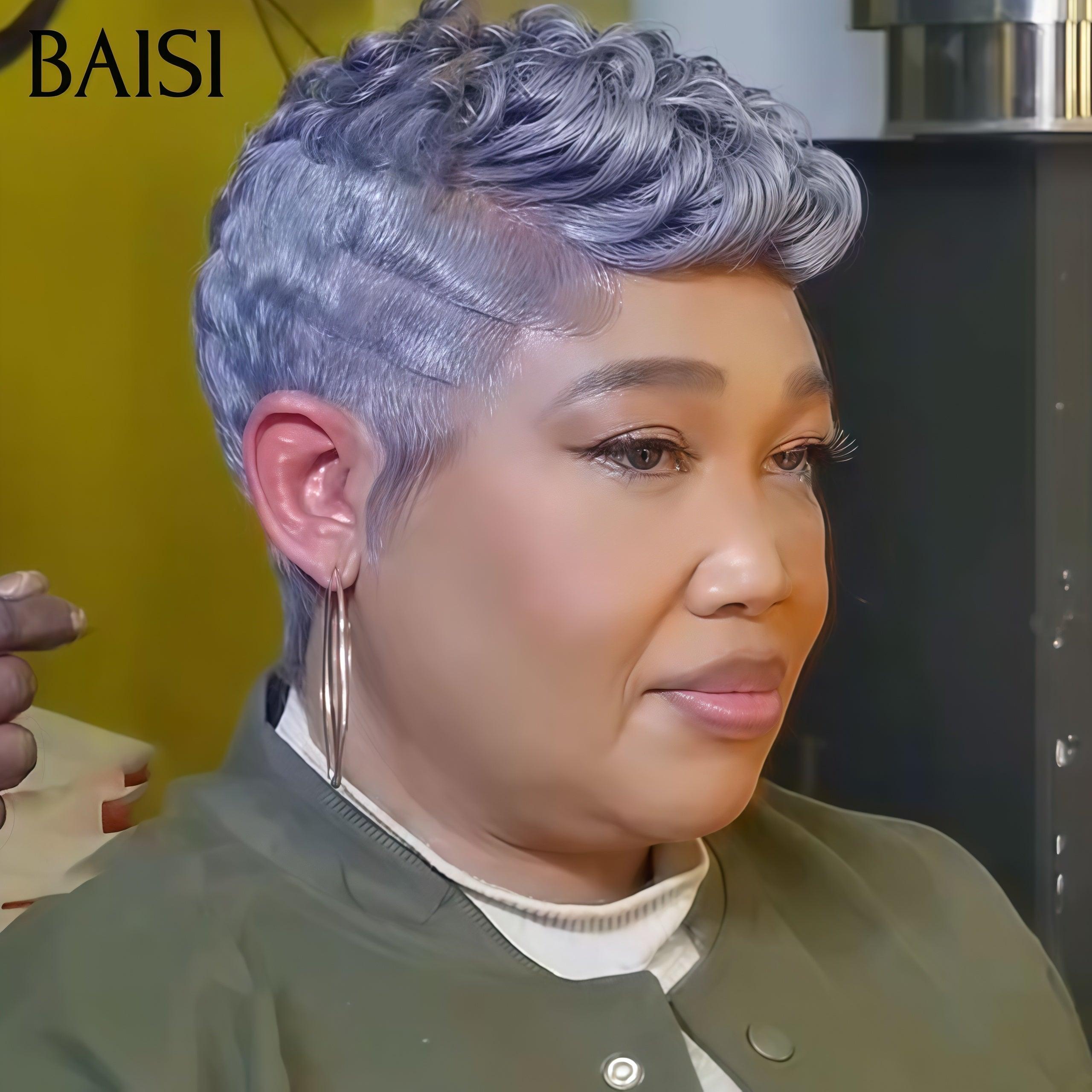 BAISI Perruque Full Lace 100% Cheveux Naturels Full Lace moitié prix Perruque Pixie finger Wave petite coupe en Couleur Bleu Gris Couleurs personnalisées en 100% cheveux humains MP50