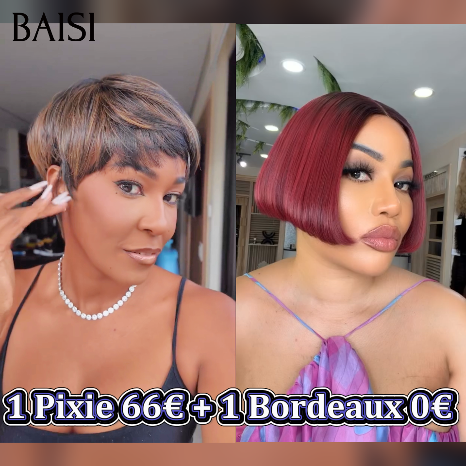 BAISI Pixie curl 58€ ou pixie Lisse et BOB bordeau ou curly wave et Body wave 100% vrais cheveux humains